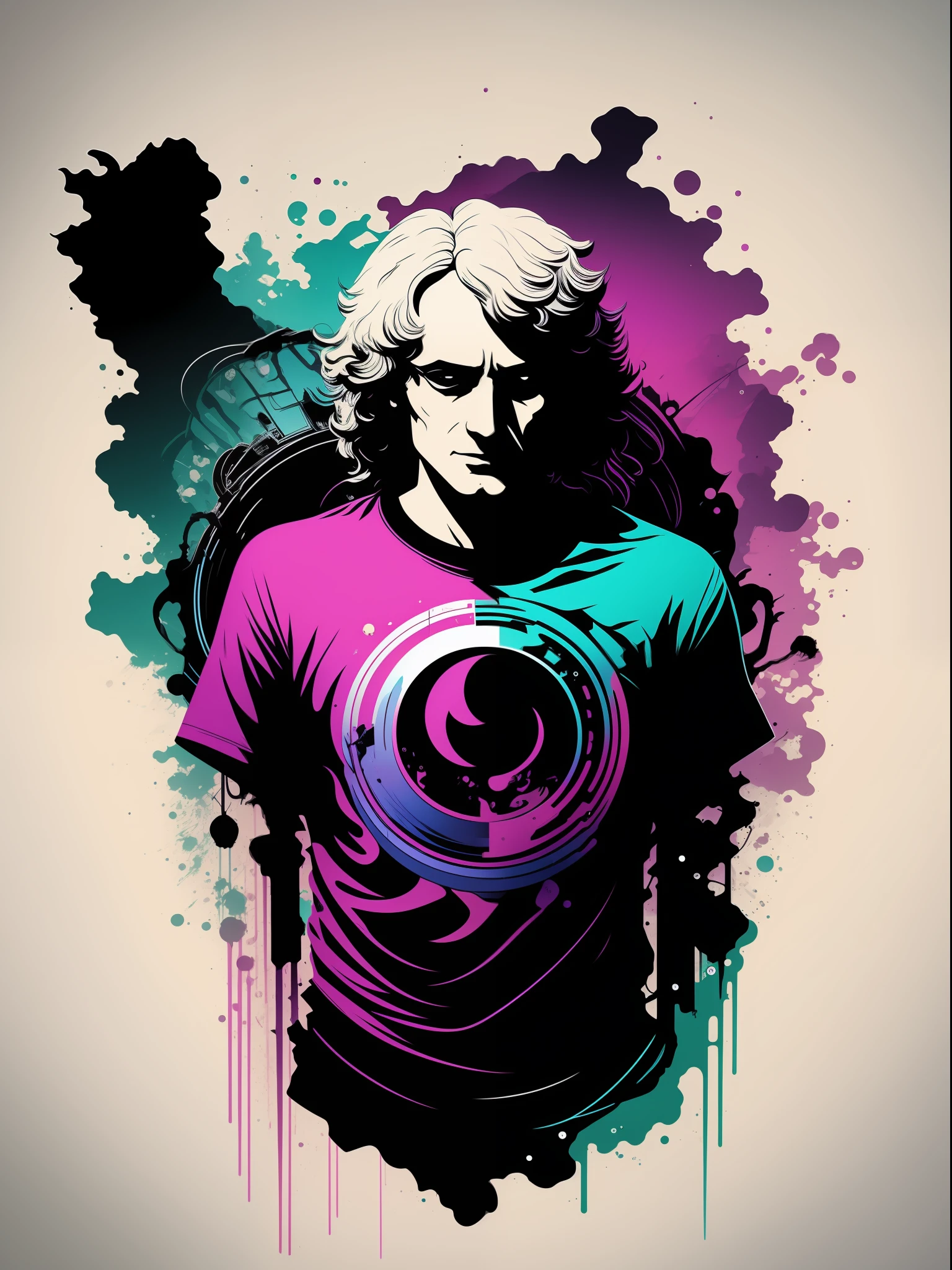 isaac newton, 2D t-shirt art, Cyberpunk, epic illustration, vector, 2d illustration, black background, very colorful, full gradient modern colors, Focused, front view