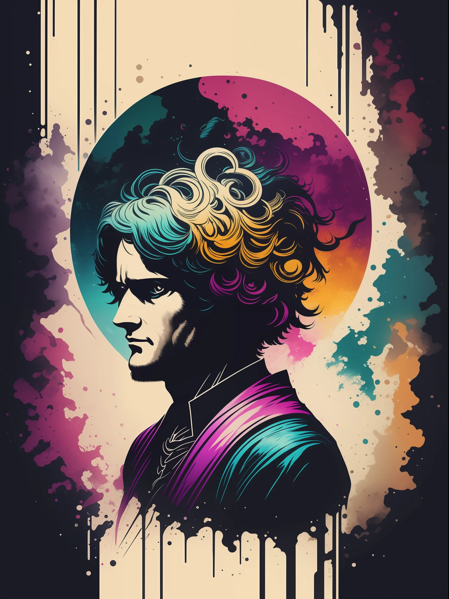 isaac newton, 2D t-shirt art, Cyberpunk, epic illustration, vector, 2d illustration, black background, very colorful, full gradient modern colors, Focused, front view
