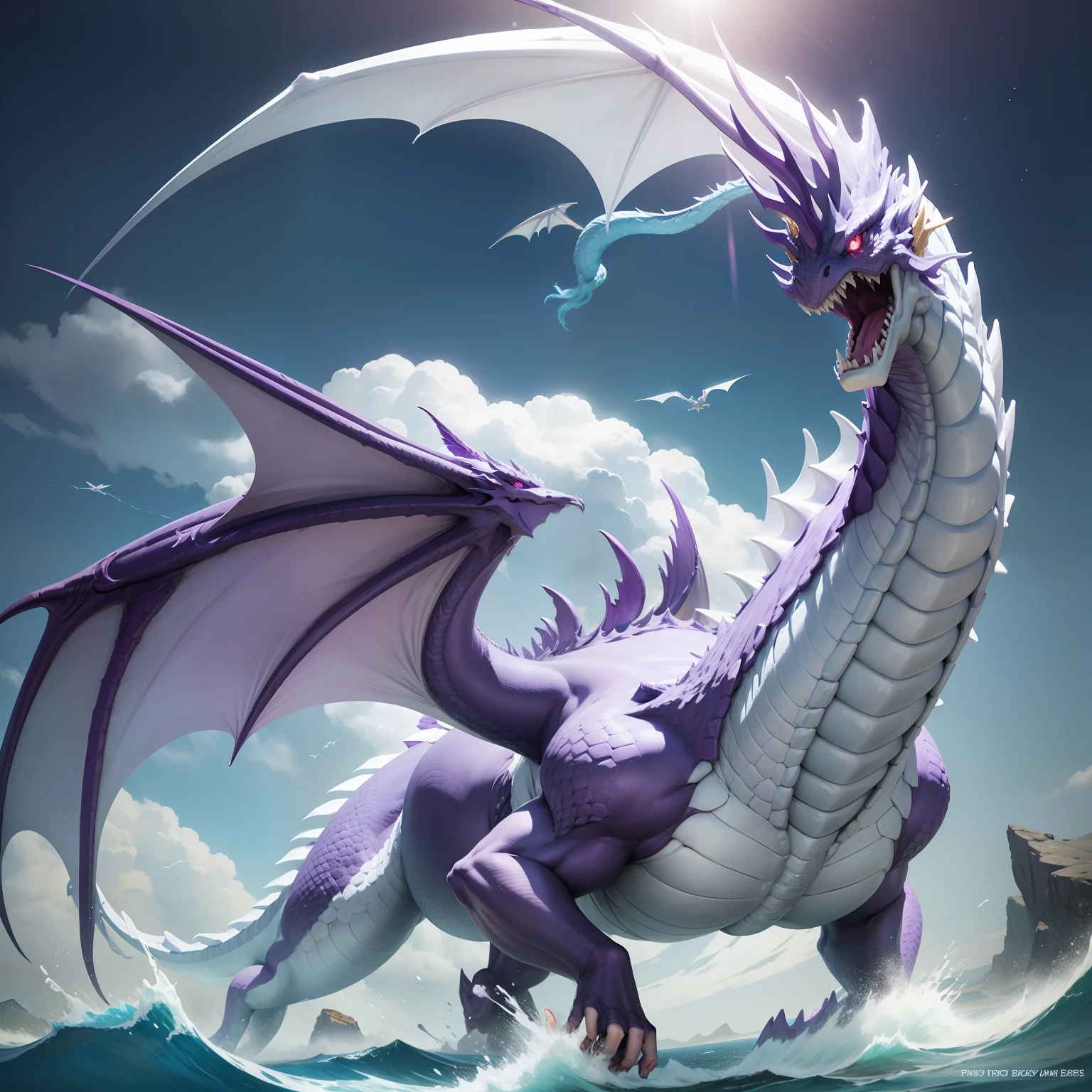 ice dragon with purple eyes flying over the sea