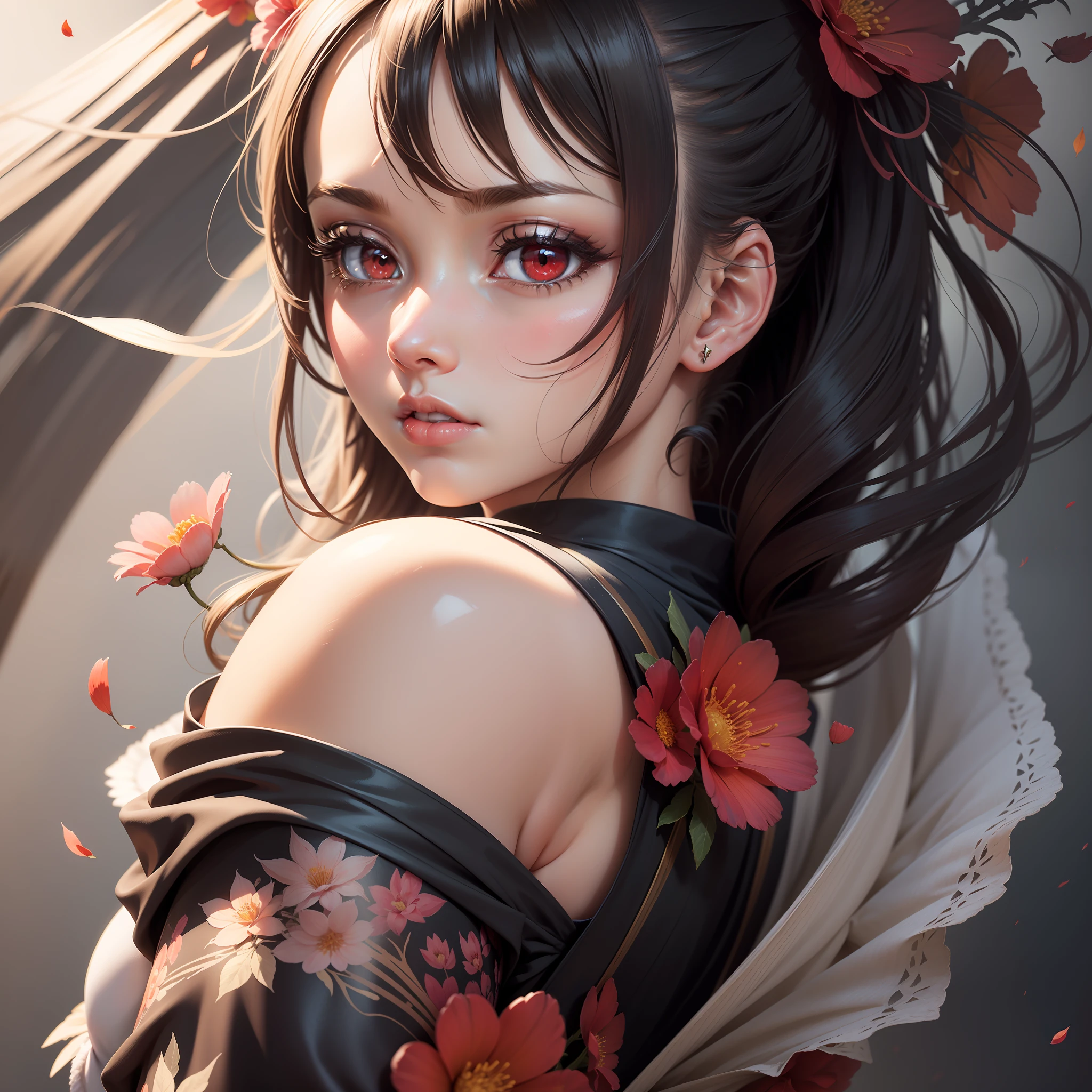 (Masterpiece:1.2, Best quality), (fine detailed beautiful eyes: 1.2), ((1girll)), ((Solo)), (Red eyes:1.4), (finely detailed eyes and detailed face:1.3), (beautiful and clear background:1.2), (Extremely detailed CG, Ultra-detailed, Best shadow:1.1), ((Depth of field)), ((aquarelle)), (their:1.5), (komono:1.3), Huge breasts, Bare shoulders, flowers and petals, Beautiful concept illustration, (White background:0.5), (illustration:1.1), (Extremely fine and beautiful:1.1), (Perfect details:1.1), From the side Side, Cowboy shot,