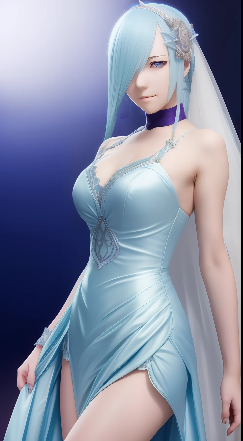 brynhildr lancer fgo,16-year old,pure,wedding dress,shyly pose,sexy body,distant gaze, pretty round face,tall,very skinny,slender,light blue hair, cross-cut bangs strongly leans to the right,detailed hair