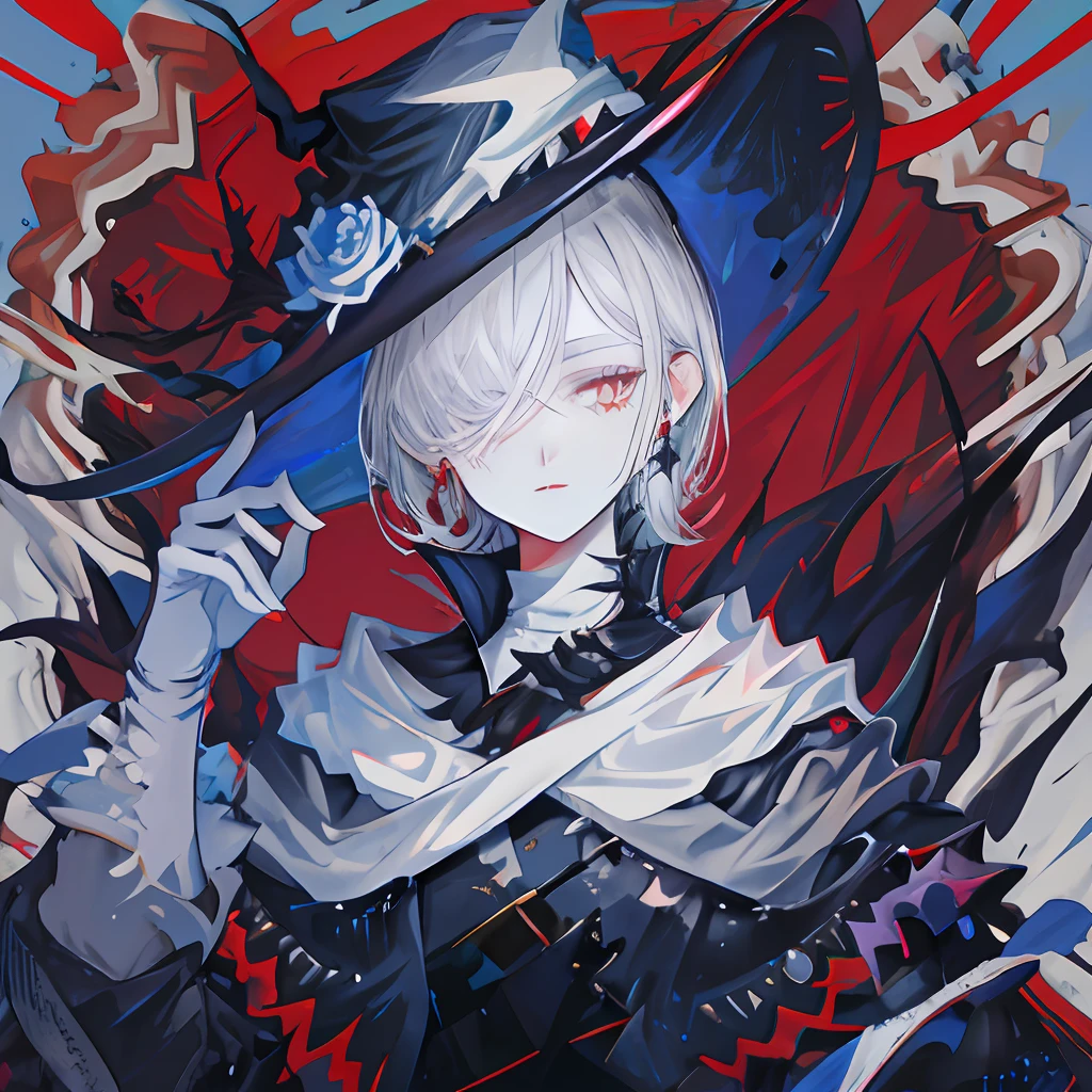 sorceress woman,crosses,Rose flower,thorns,Heteropupil(The left eye has six stars),Red right eye,White left eye,Black witch hat,Pseudo-thick coating,cabelos preto e longos,Black metal jewelry,Spooky and cute