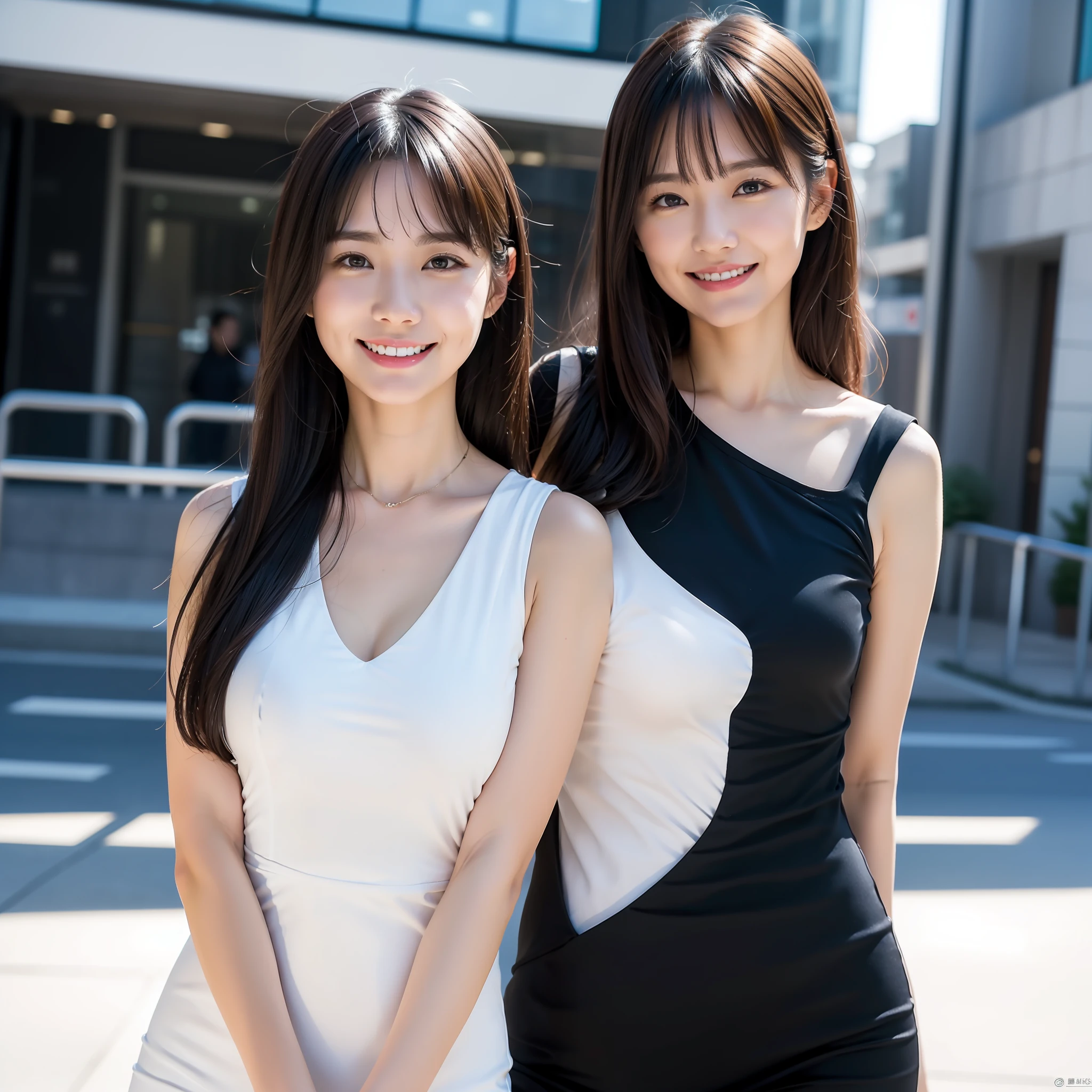 (in 8K, Raw photo, 超A high resolution, Best Quality, masutepiece:1.2), (realistic illustration), (the Extremely Detailed CG Unity 8K Wallpapers), absurderes, 1 girl in, 18 yo, Cute face, ren, medium breasts, Natural body, natural hand,Black medium hair, Smile, Tilting head, grin, Upper body, v neck, Tight-fitting dress, In the city, Upper body, 乃木坂アイドル, announcer