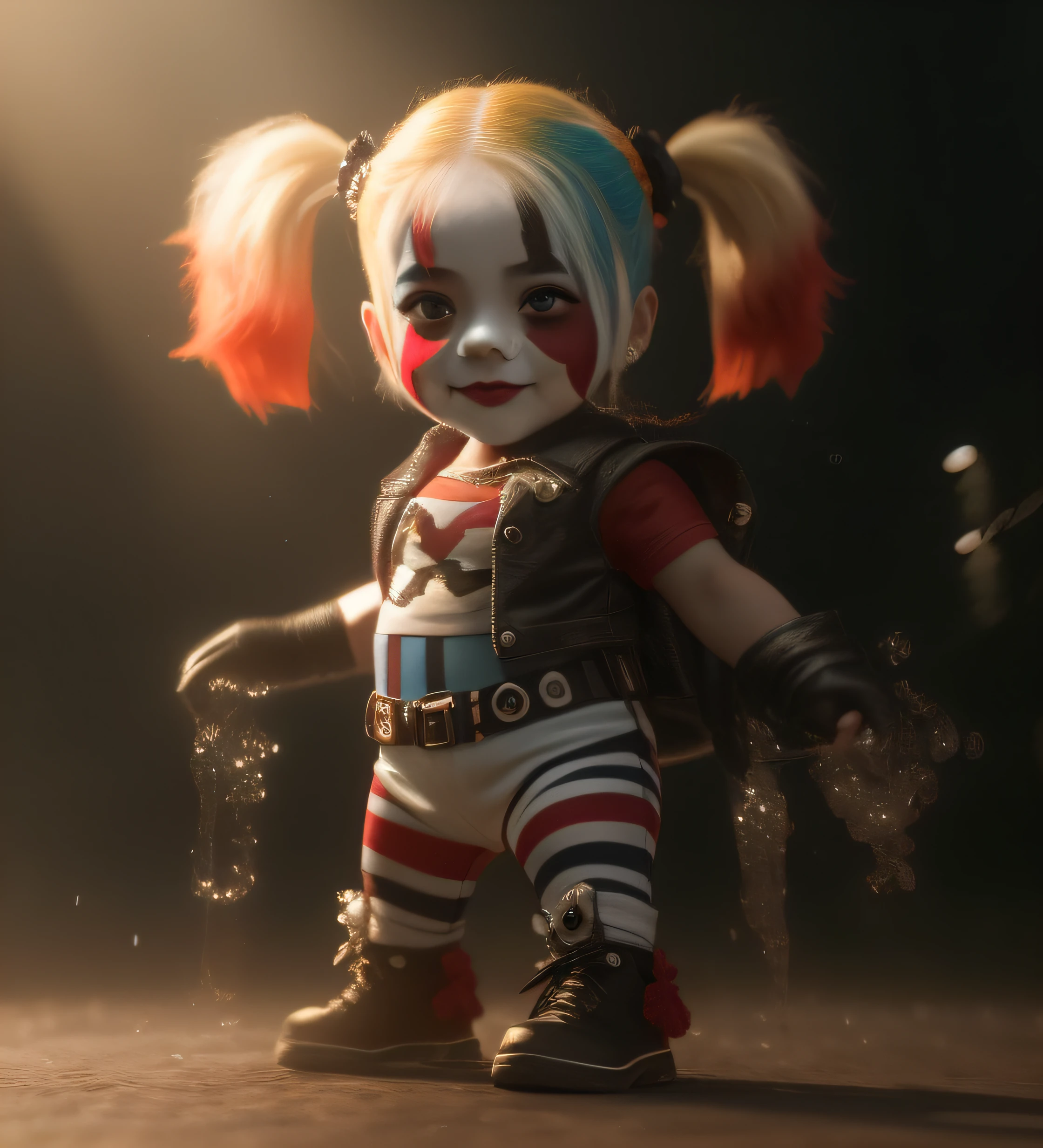 a close up of a child with a clown makeup and a red hair, small character. unreal engine 5, adorable digital painting, trending in cgsociety, cutecore clowncore, cute 3 d render, harley quinn, of harley quinn, wojtek fus, rolands zilvinskis 3d render art, harley quinn standing, 3 d character art