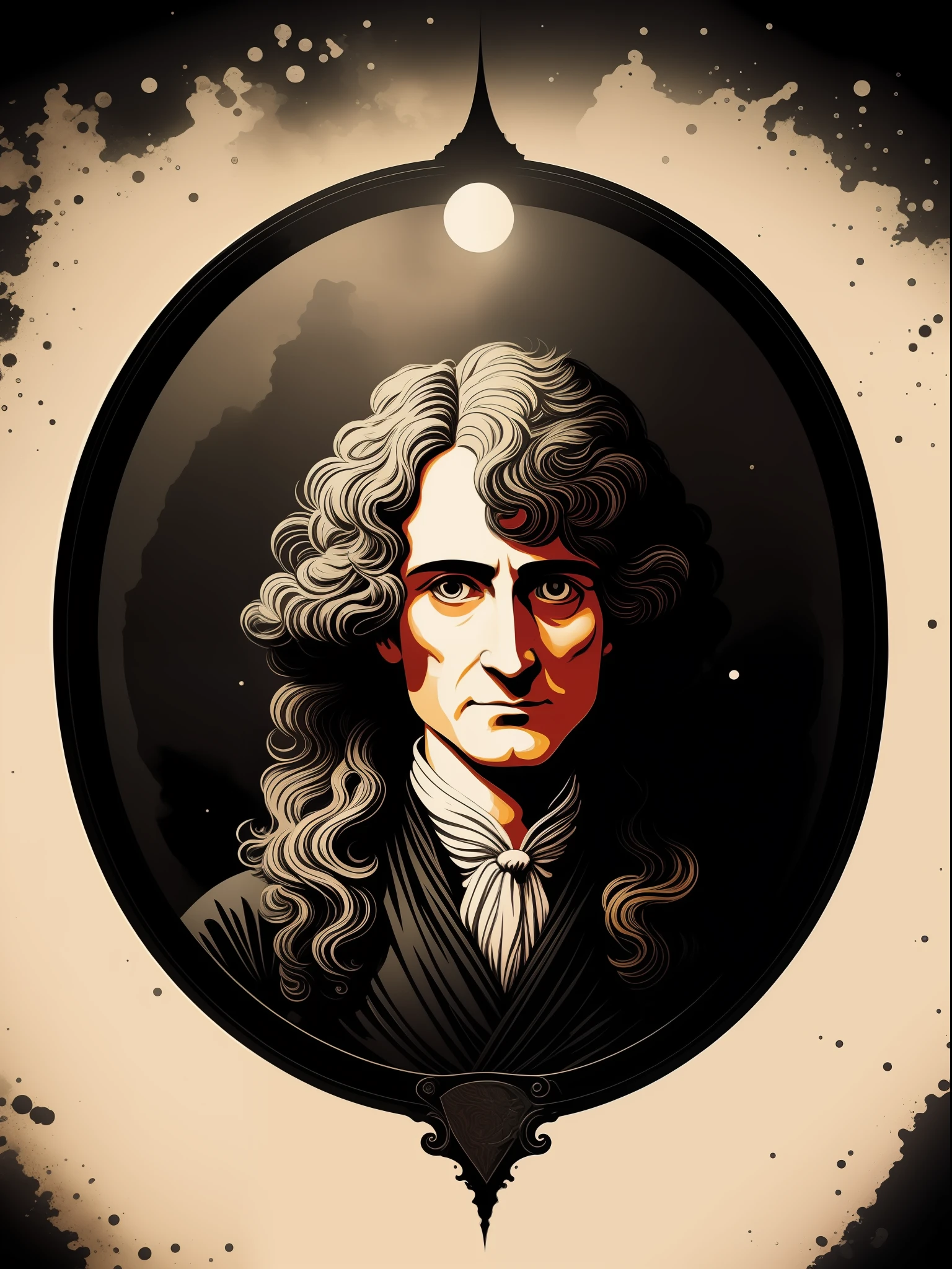 isaac newton, t-shirt art, 2D, ((black background :1, 5)), vector, vivid colors, masterpiece, best quality, intricate details, perfect symmetrical face, realistic details, gothic theme, rim light, moonlight, cinematic shading, Greg Rutkowisk