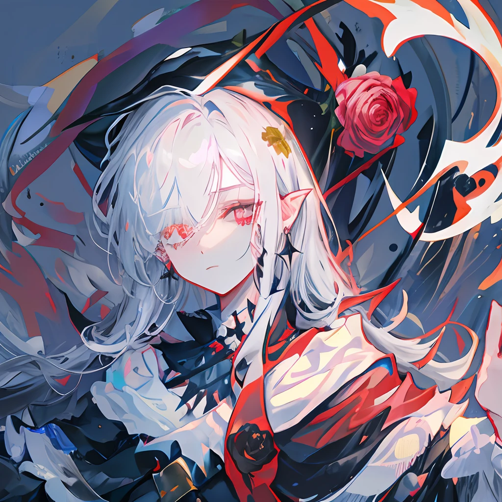 sorceress woman,crosses,Rose flower,thorns,Heteropupil(The left eye has six stars),Red right eye,White left eye,Black witch hat,Pseudo-thick coating,cabelos preto e longos,Black metal jewelry,Spooky and cute