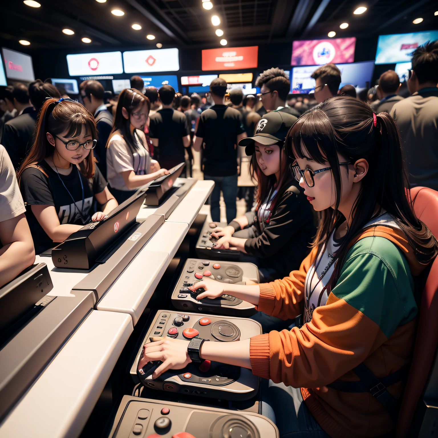 a realistic picture of a gaming exhibition with a lot of people playing games. The image needs to include the word "Taipei Game Show" on it.
