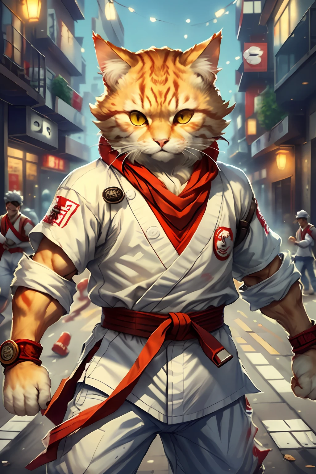 c4ttitude, wearing white karate outfit, red bandana, focusing energy, street fighter