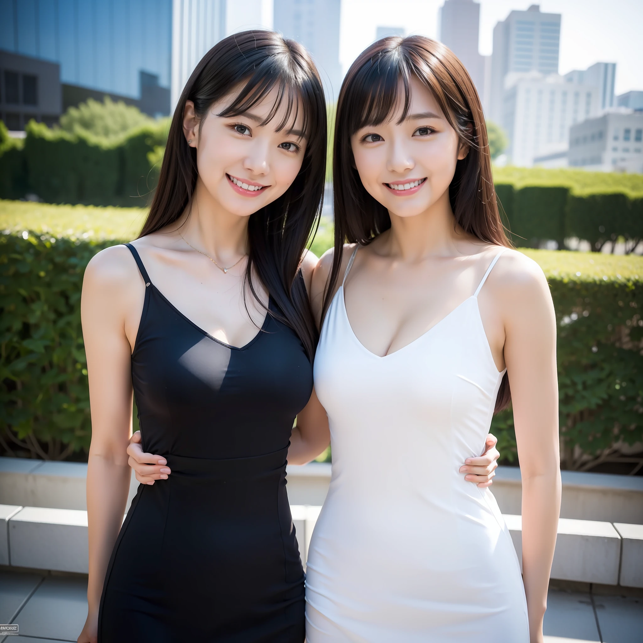 (in 8K, Raw photo, 超A high resolution, Best Quality, masutepiece:1.2), (realistic illustration), (the Extremely Detailed CG Unity 8K Wallpapers), absurderes, Two Girls, 18 yo, Cute face, ren, medium breasts, The right body, correct hand position, Black medium hair, Smile, Tilting head, grin, Upper body, v neck, Tight-fitting dress, In the city, Upper body, 乃木坂アイドル, caster