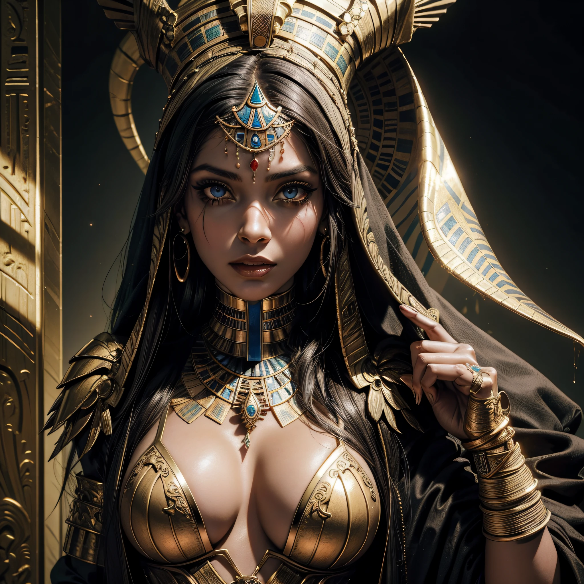 Fernanda Lima as the mummy of the horror movie, vestida com varias faixas egipicias, divine egyptian garments, Egyptian queen's outfit, egyptian god outfit, no naked body, close up photo, tatuagens egipicias no rosto, neck and arms, imagem macabra, imagem monstruosa em uma tumba do antigo egito, She's turned into a monster and her eyes are just like the mummy in the horror movie, iris dos olhos dourada com simbolos egipicios, Egyptian tattoos around the body and mummy bands cover the entire body, realista, 8k
