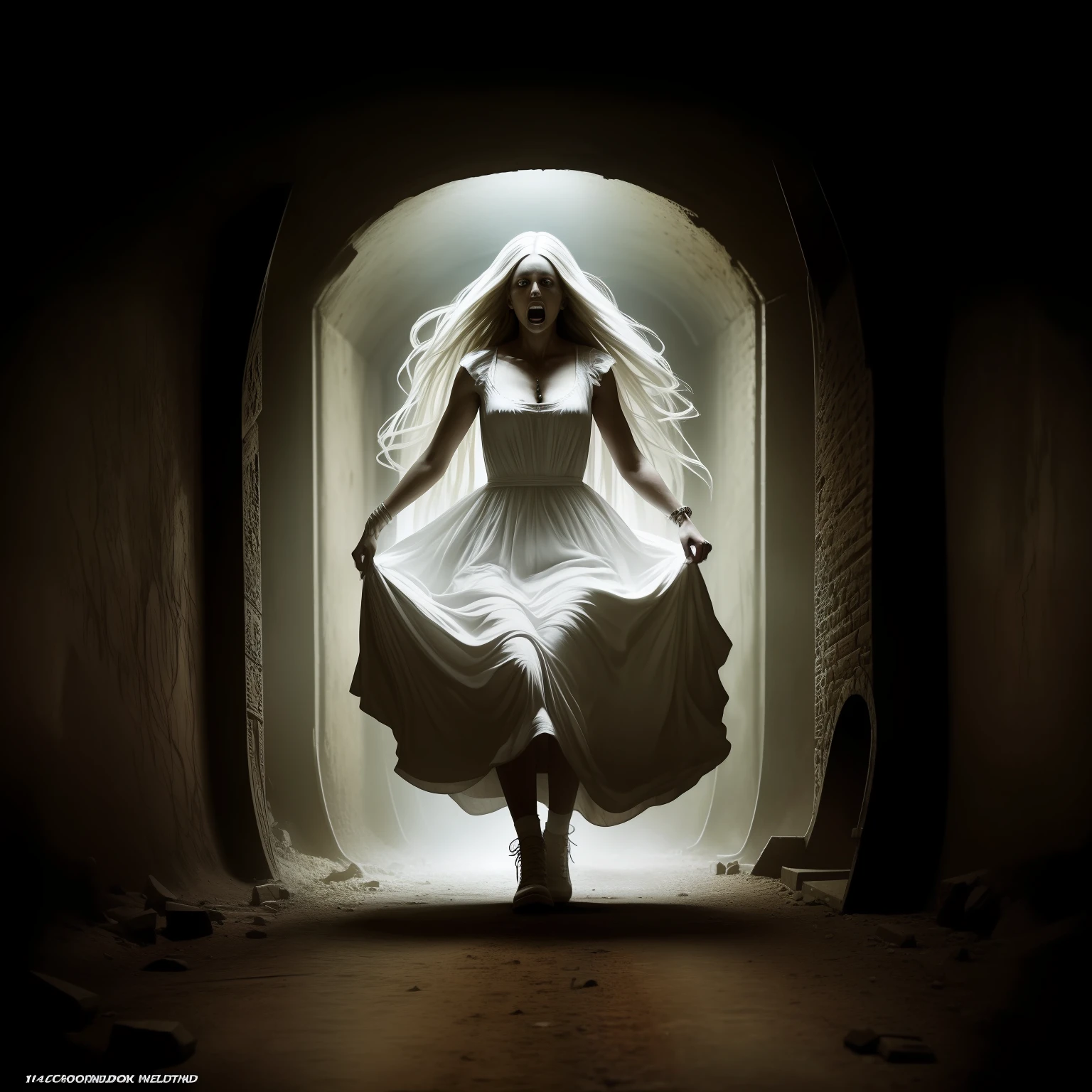 horror art, dread, best quality, masterpiece, ultra high res, (photorealistic: 1.4), terrifying ghost action shot chasing the viewer, dynamic race, in a decrepit underground tunnel in hell, scary, white dress, unnerving, unsettling, terrifying, 80mm, horror lighting, dynamic action