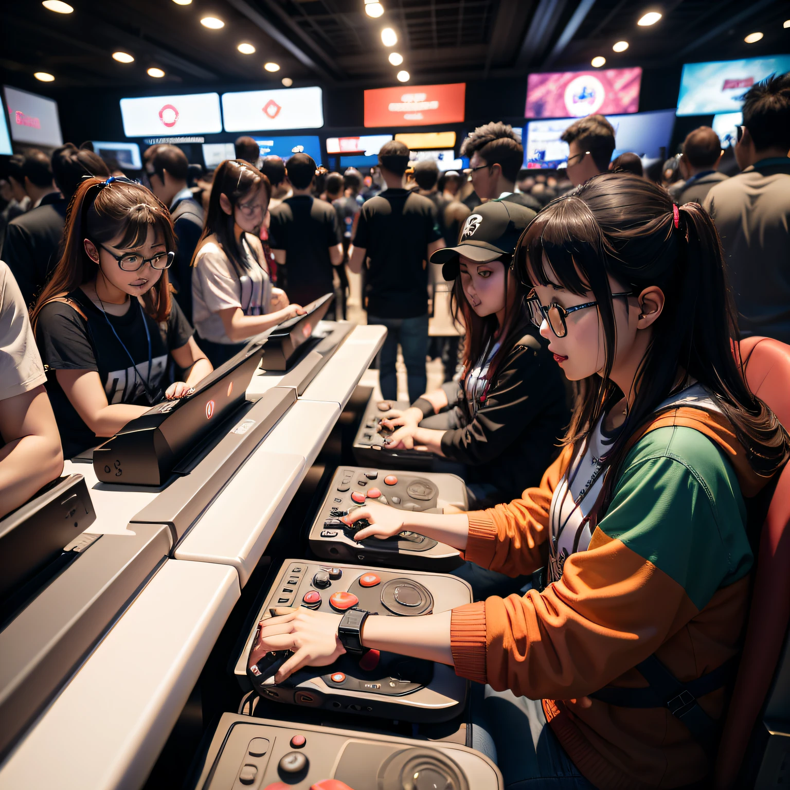 a realistic picture of a gaming exhibition with a lot of people playing games. The image needs to include the word "Taipei Game Show" on it.
