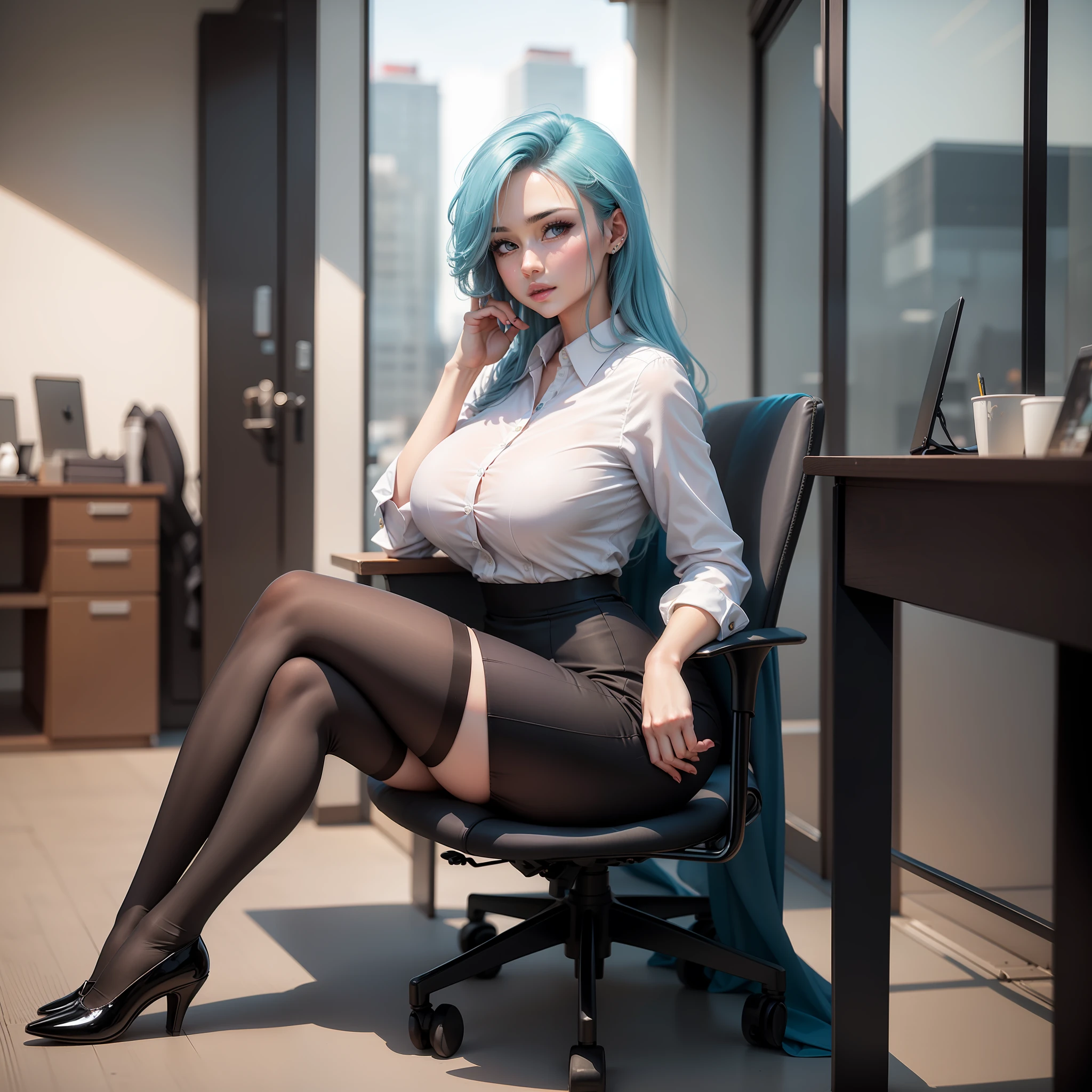 best qualtiy, Full body like,Refined face,pretty face,25 years old woman,blue hairs,slimfigure,Huge bust,office lady uniform,Office wear,black lence stockings,Outdoor Scene,Sit Pose