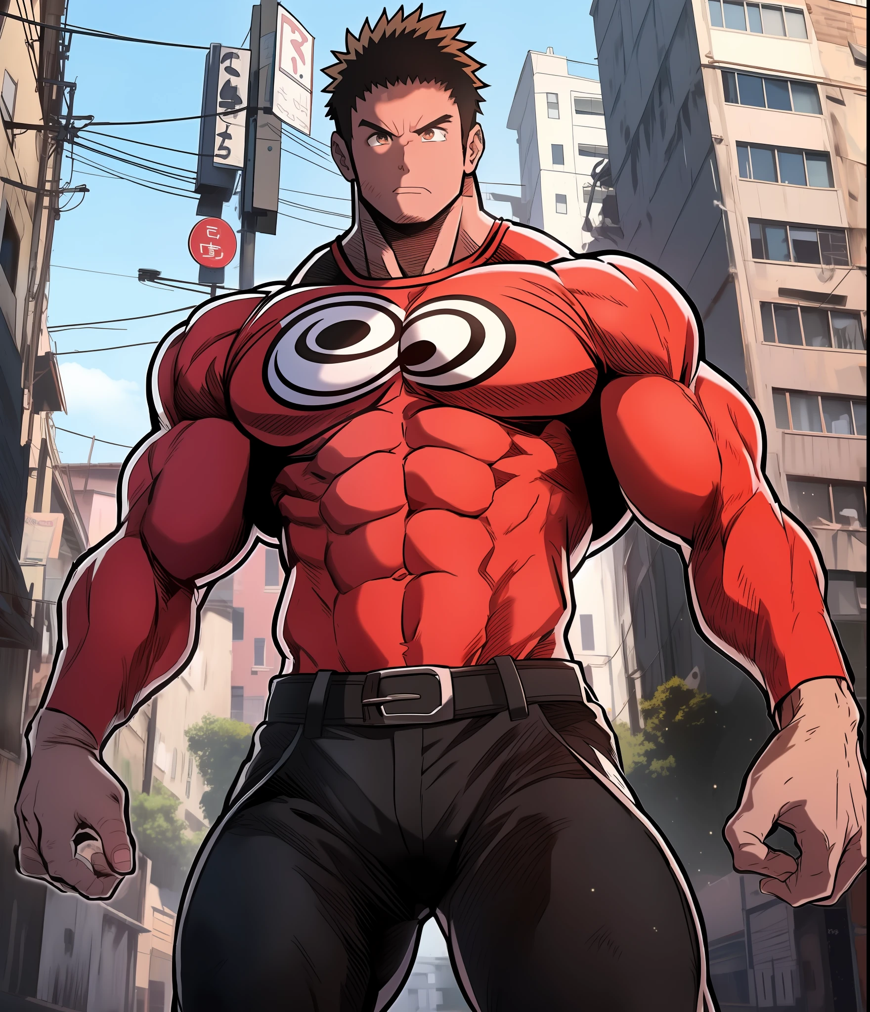 Estilo de arte anime, imagem de corpo inteiro, angulo da imagem deve ser frontal e de corpo inteiro de perfil. Personagem extremamente musculoso e alto, com um corpo de bodybuilder, The character has very short hair with bangs in dark brown color he has orange eyes he wears a red long sleeve T-shirt he is wearing a belt and a black pants , and wearing a white sneaker The character must be in a city full of buildings around him, The character is strong and determined,e muita massa muscular!!!!!