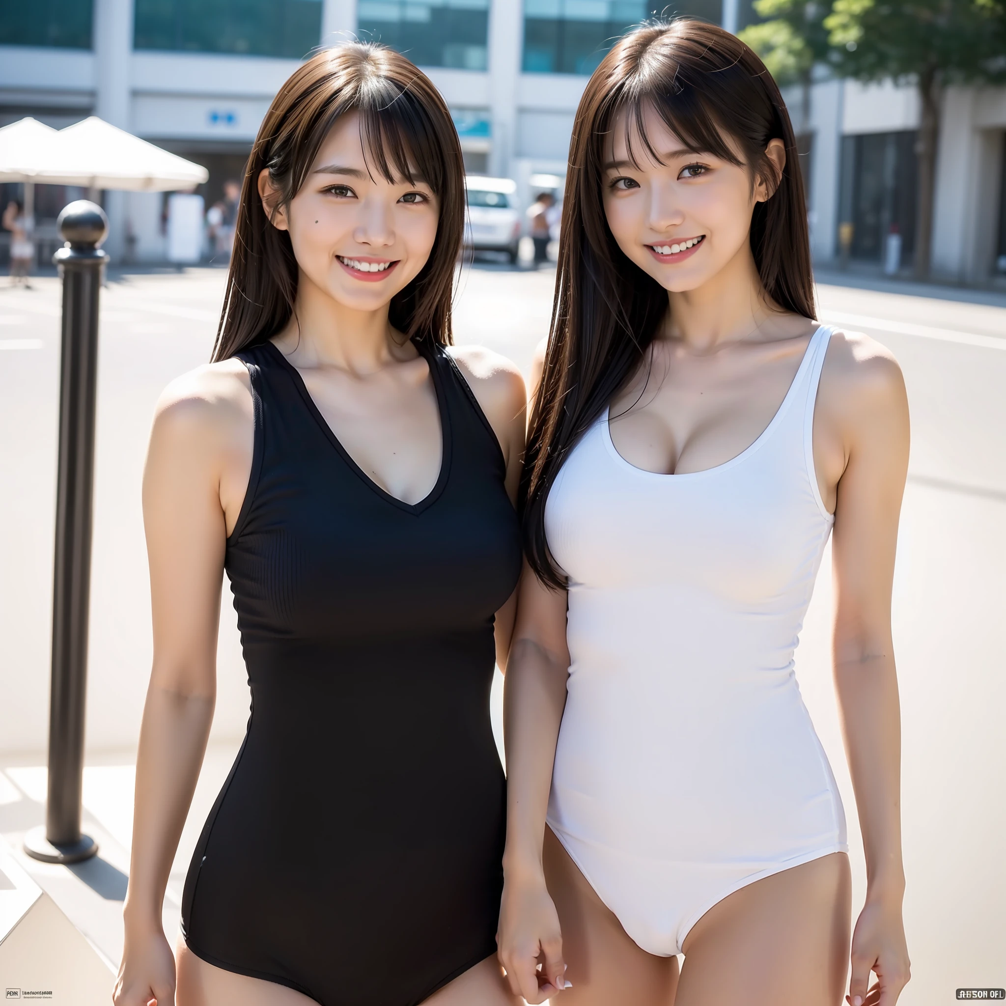 (in 8K, Raw photo, 超A high resolution, Best Quality, masutepiece:1.2), (realistic illustration), (the Extremely Detailed CG Unity 8K Wallpapers), absurderes, Two Girls, 18 yo, Cute face, ren, medium breasts, Black medium hair, Smile, Tilting head, grin, Upper body, v neck, Tight Fit Mini One Piece, Underwear is visible, In the city, Upper body, 乃木坂アイドル, AKB48