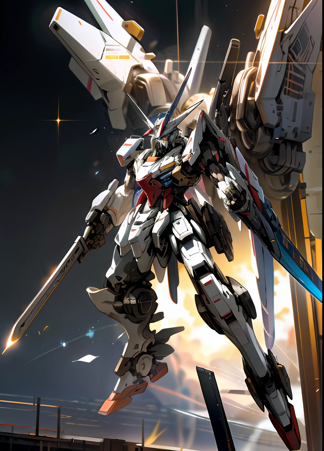 Surrealism, Ray Tracing, Photorealistic, UHD, High Detail, 32k, Best Quality, Textured Skin, Gundam Mecha, Flight, Funnel, Mecha Ship, Masterpiece, Best Quality, Mecha, Unmanned, (Full Body), (Black Mecha: 1.8), (Axisymmetric: 1.4), (HDR), (Movie Light: 1.1), White Eyes, Cool, Science Fiction, Fire, Universe, oversized shield, mecha man overlooking the background of the earth, with laser cannon beams, wars, conflicts, weapons in hand (has a huge weapon: 1.5),