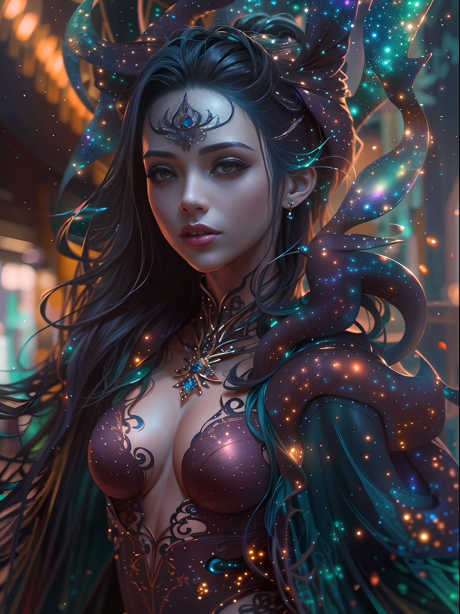 breathtaking masterpiece, melhor qualidade, mais alta qualidade, altamente detalhada, requintada, award-winning 8K digital painting of an ethereal alien and (incrivelmente bonito feminino:1.4) com partes luminescentes do corpo que brilham como poeira estelar, anime, vampiro, com cabelos ruivos, vestido vermelho, olhos azuis, brilhante, fundo escuro, Florpunk, samuraipunk, iridescente, bioluminescente, tatuagempunk, Hyper - Detalhado Vibrante Cinematic Raking Light, atordoante, Subsurface scattering, Ambient occlusion, chromatic aberration, 8k (The galaxy:1.33), (uma criatura fofa repousa em seu ombro:1.8), detalhes intrincados, proportion Aurea, BaroqueAI, v0id3nergy, por Louis Royo