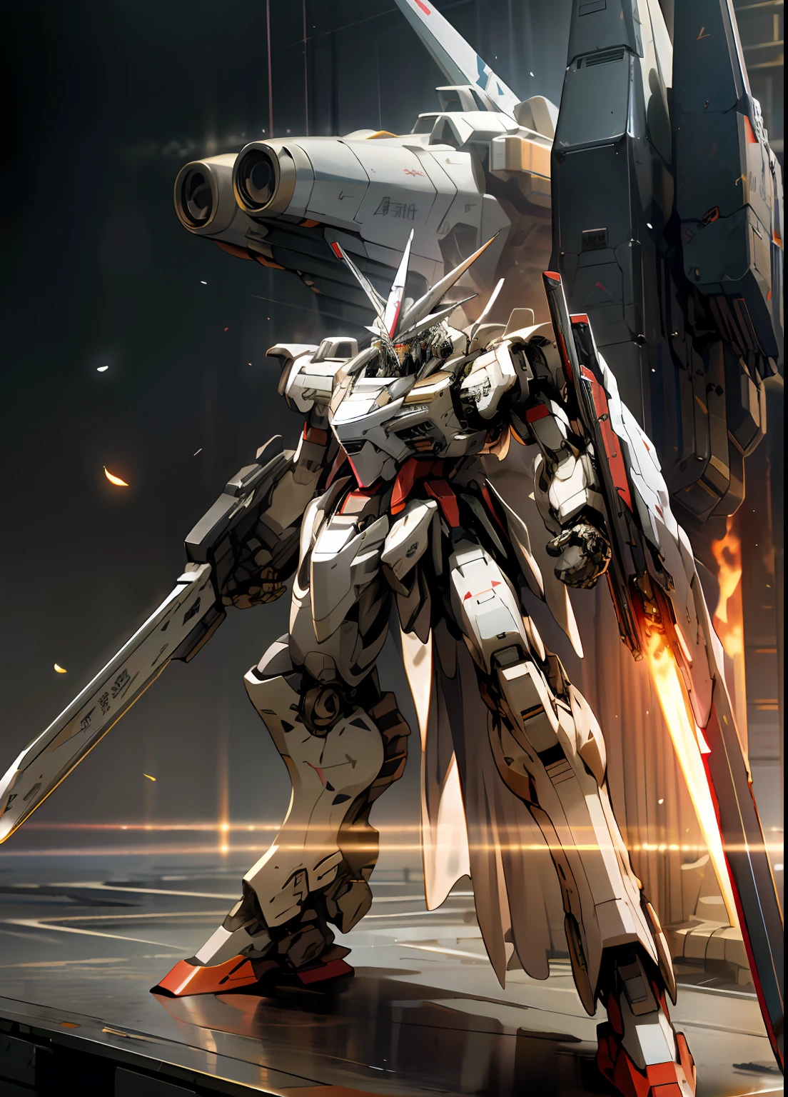 Surrealism, Ray Tracing, Photorealistic, UHD, High Detail, 32k, Best Quality, Textured Skin, Gundam Mecha, Flight, Funnel, Mecha Ship, Masterpiece, Best Quality, Mecha, Unmanned, (Full Body), (Black Mecha: 1.8), (Axisymmetric: 1.4), (HDR), (Movie Light: 1.1), White Eyes, Cool, Science Fiction, Fire, Universe, oversized shield, mecha man overlooking the background of the earth, with laser cannon beams, wars, conflicts, weapons in hand (has a huge weapon: 1.5),