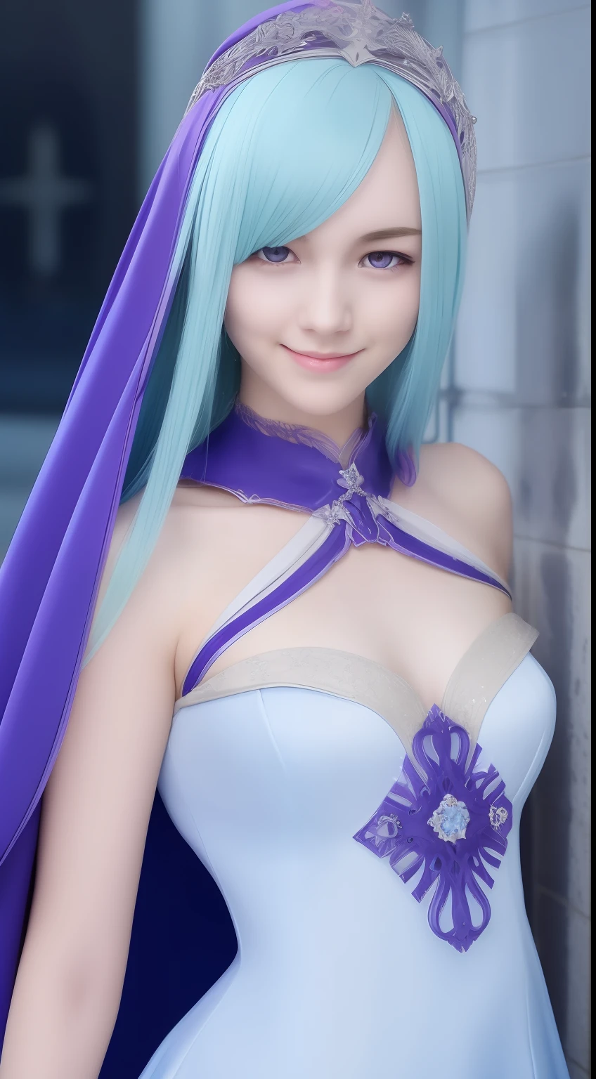 brynhildr lancer fgo,16-year old,pure,dazzling smile,wedding dress,shyly pose,distant gaze, pretty round face,tall,very skinny,slender,light blue hair, cross-cut bangs strongly leans to the right,detailed hair