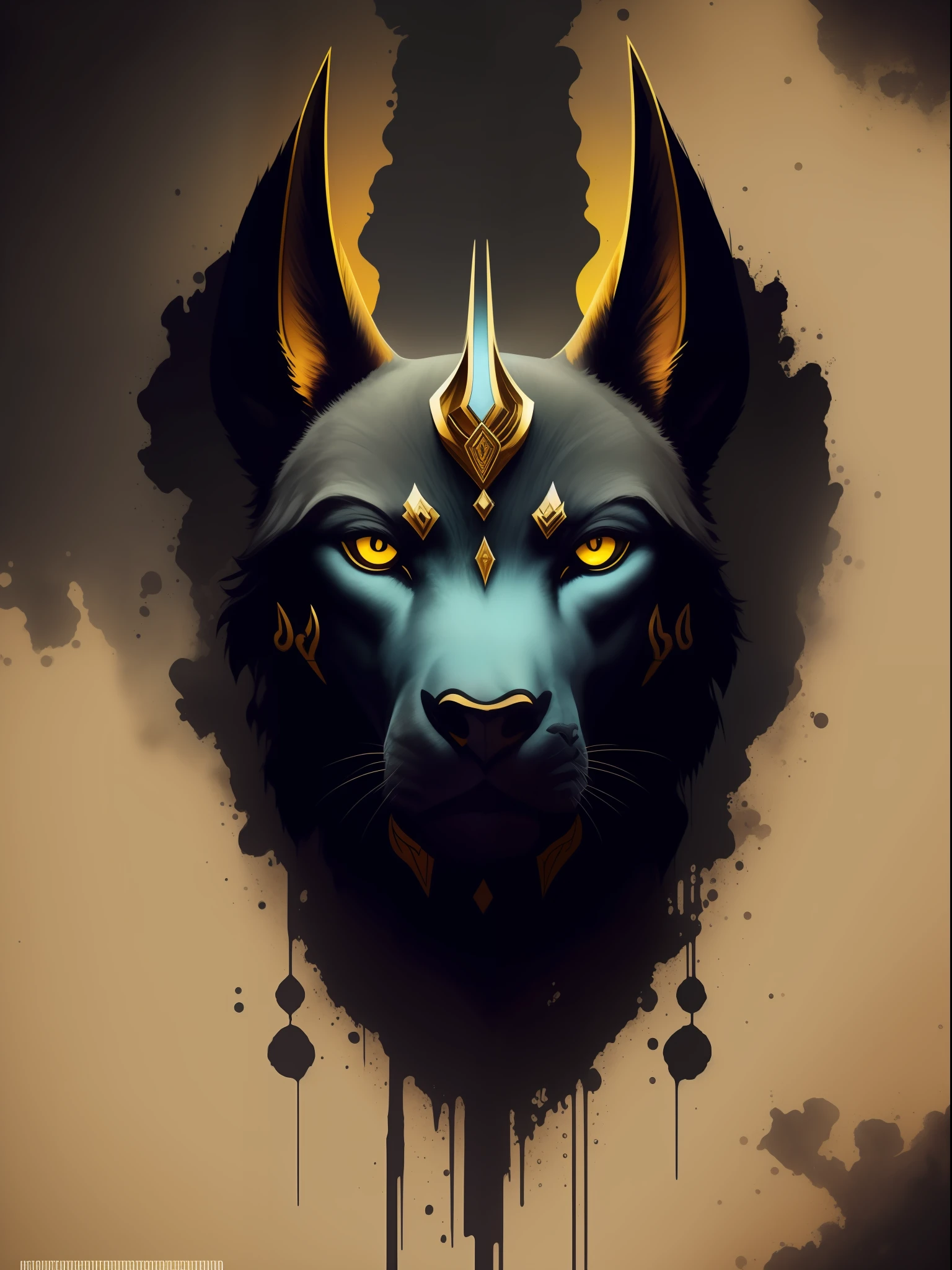 Anubis, arte da camiseta, 2D, ((fundo preto: 1, 5)), vetor, cores vivas, obra-prima, melhor qualidade, detalhes intrincados, perfect symmetrical face, detalhes realistas, gothic theme, luz de aro, luar, cinematic shading, Greg Rutkowisk
