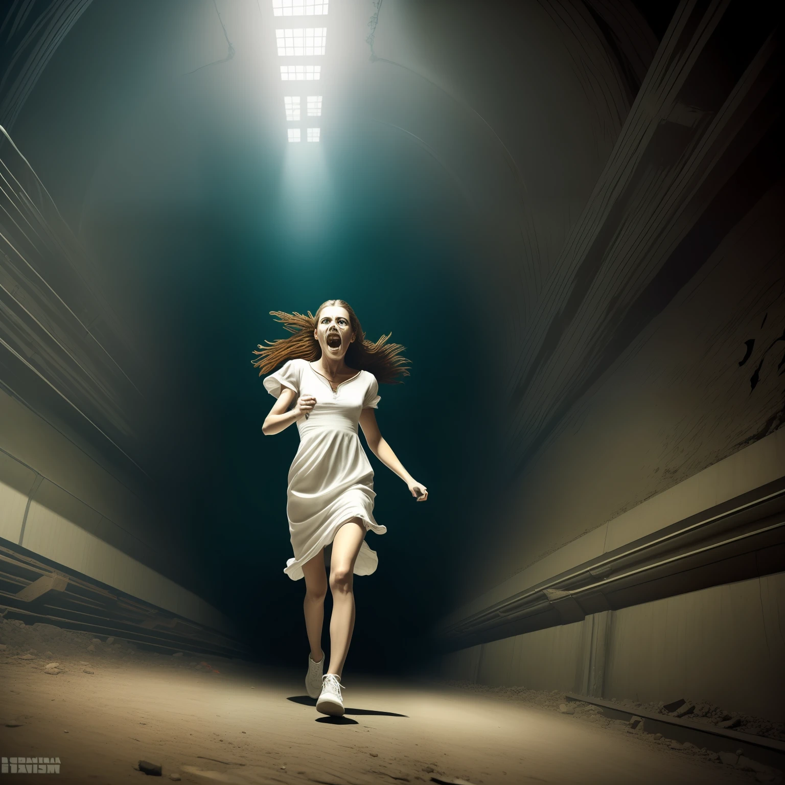 horror art, dread, best quality, masterpiece, ultra high res, (photorealistic: 1.4), terrifying ghost action shot chasing the viewer, dynamic race, in a decrepit underground tunnel in hell, scary, white dress, unnerving, unsettling, terrifying, 80mm, horror lighting, dynamic action