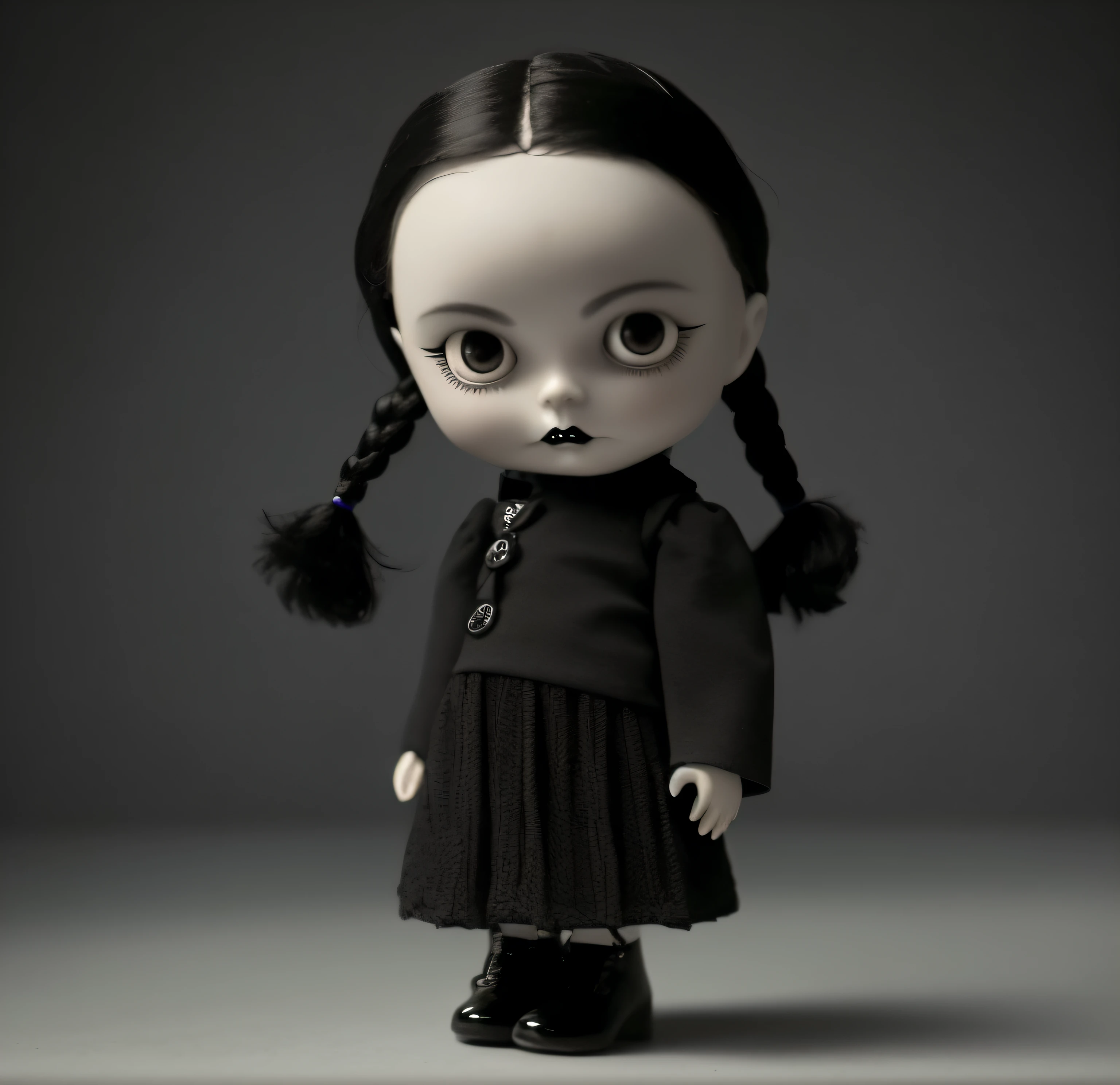 a close up of a doll with a black dress and a black jacket, mark ryden in the style of, wednesday addams, mark ryden highly detailed, mark ryden style, as wednesday addams, style of mark ryden, anton semenov, by Mark Ryden, addams, inspired by Mark Ryden, doll phobia, true goth, with black pigtails