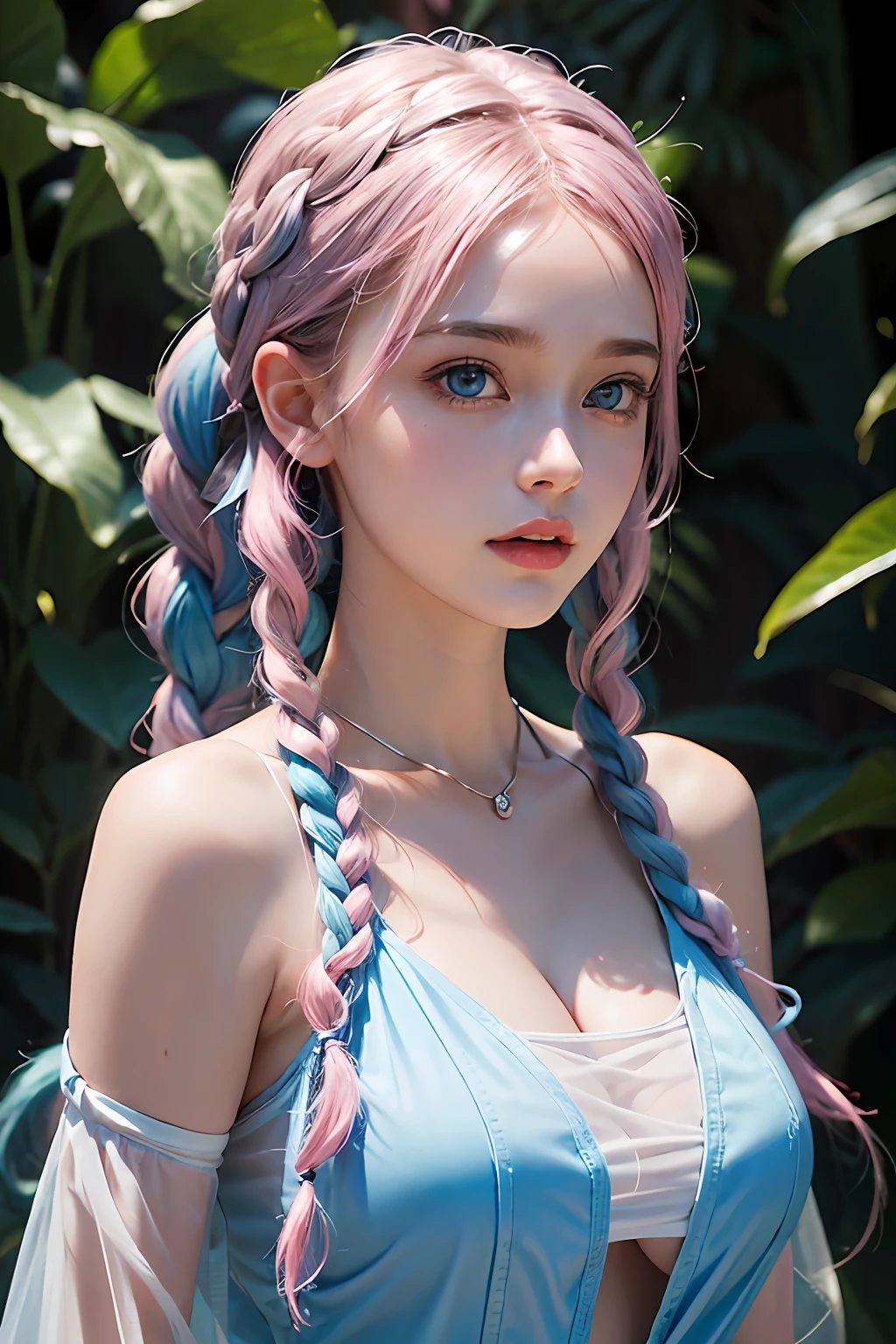 (Fluorescent color:1.4),(semi transparent:1.4),(retro filters:1.4),(fanciful:1.4),16-year-old girl,big laughter,adolable,(high-top fade:1.3),Two high braids in blue and pink,medium boob,Pink theme,blue color eyes,soothing tones,Bright colors,hight contrast,(Natural skin texture,ultra-realistic realism,the soft light,Sharp)