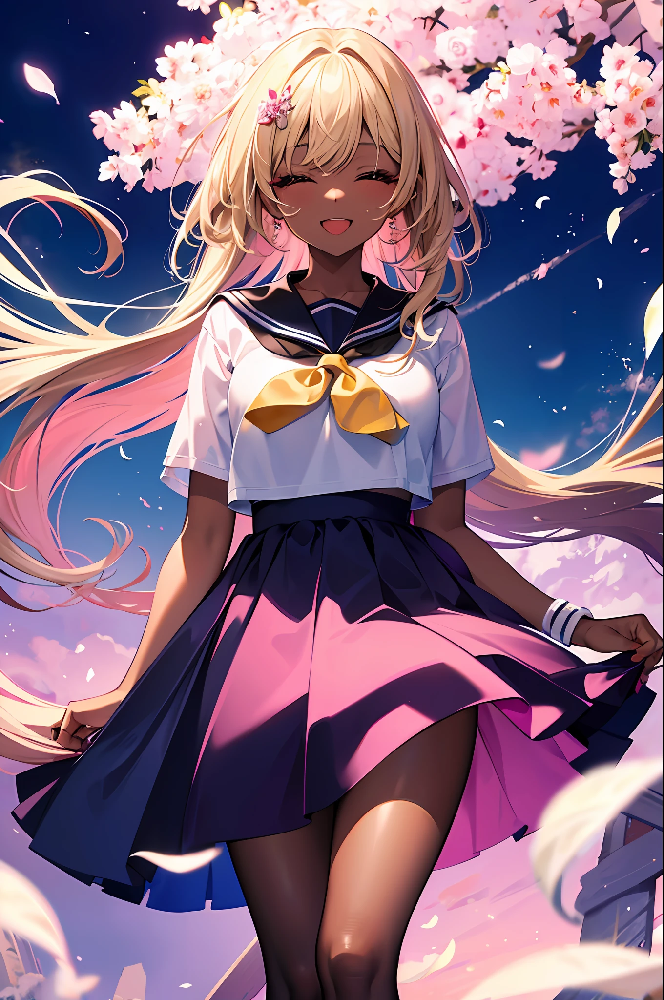 Highest quality, The Masterpiece, unbelievably beautiful, very delicate 8k wallpaper, Transcendently Beautiful Girl, gals, (dark skin), (long Blonde Hair Pink Gradient Hair), BREAK, Open your mouth and laugh smile, makeup, BREAK, high school girl, sailor suit, (cover your eyes with one hand),