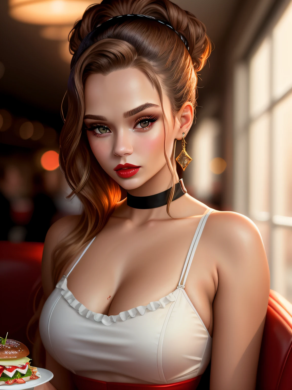 portrait photo of JoSkriver beautiful woman hair , double bun, serving food at a diner, full red lips, (masterpiece) (best quality) (detailed) (8k) (HDR) (wallpaper) (cinematic lighting) (sharp focus) (intricate)