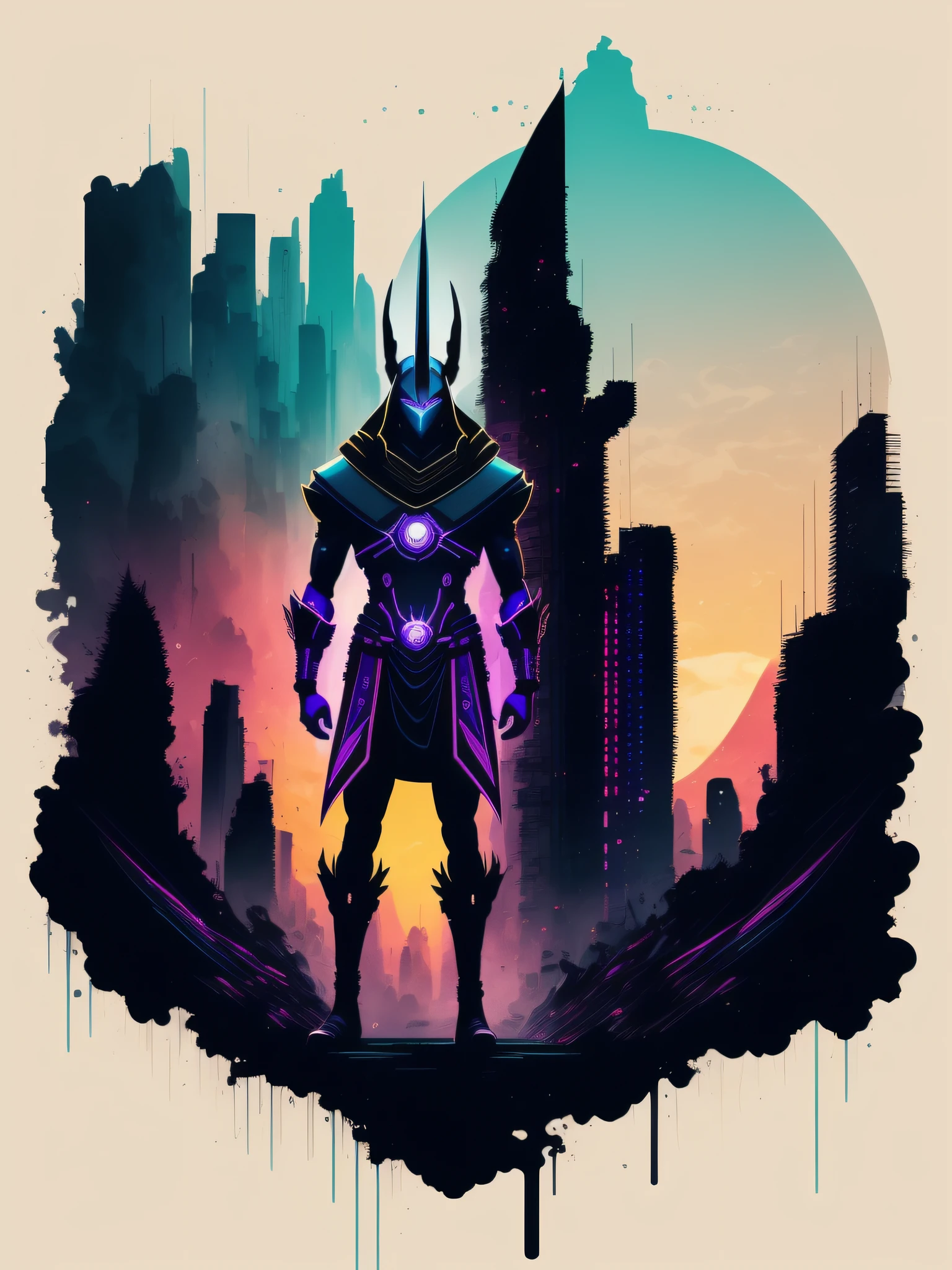 Anubis, 2D t-shirt art, Cyberpunk, epic illustration, vector, 2d illustration, black background, very colorful, full gradient modern colors, Focused, front view