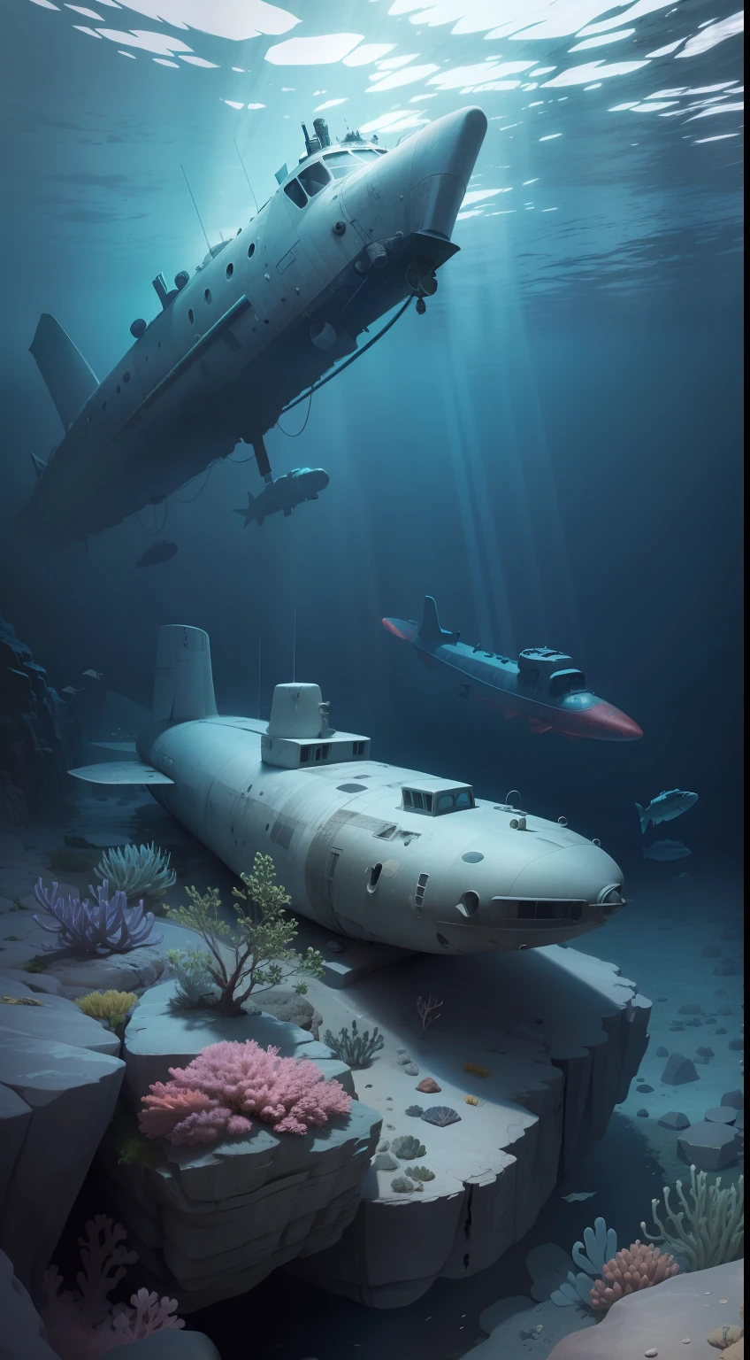 A crashed submarine, on a rock, under the ocean.