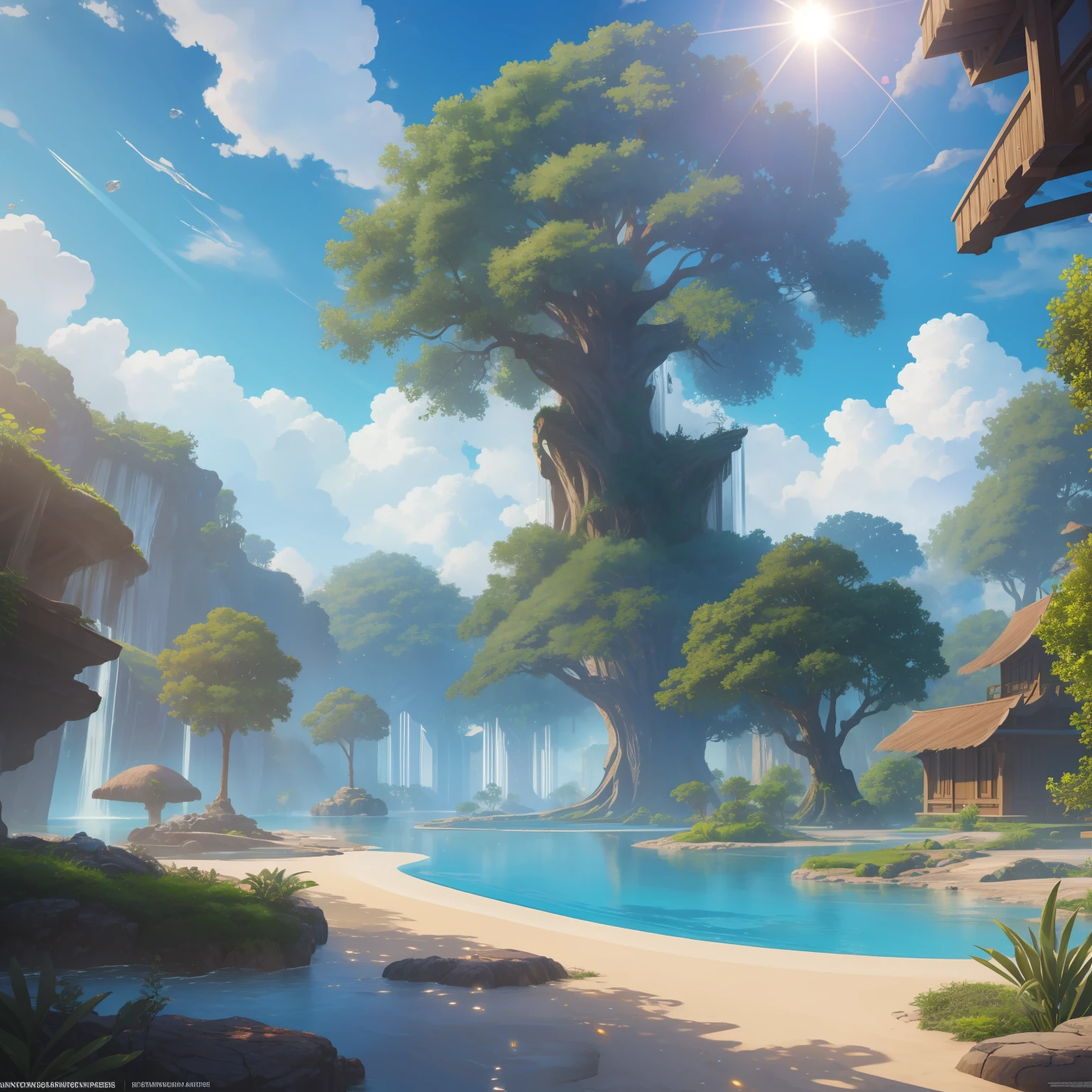 masterpiece, best quality, high quality, extremely detailed CG unity 8k wallpaper, a hyperrealistic colossal cyan raintree, in a futuristic prehistoric village, splashing water, sandy debris, lens flares, sunshaft, fluffy clouds, Hyperdetailed, HDR, bloom, Photorealistic, hyperdetailed