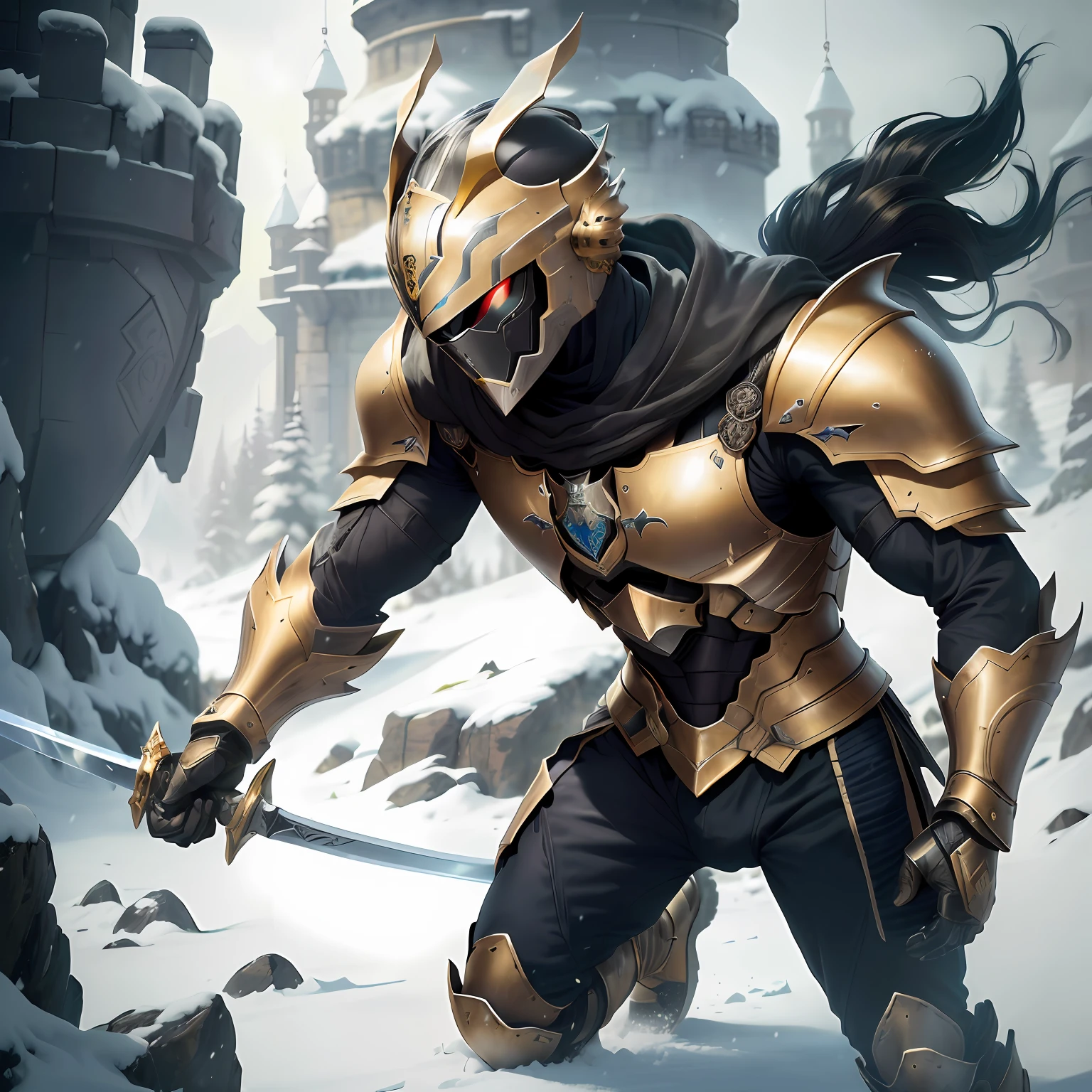 Image of a man in armor with a sword in a snowy area, Armadura Obsidiana de Ouro, paladino de ouro, Armadura dourada de Paladin, Armadura obsidiana de ouro pesado, O Cavaleiro da Armadura do Gato Dourado, armadura de ouro elegante, armadura pesada de ouro. Dramatic, armadura de ouro, Armadura Dourada, armadura dourada vestindo, Armadura preta e dourada, terno de armadura de ouro, paladino fantasia