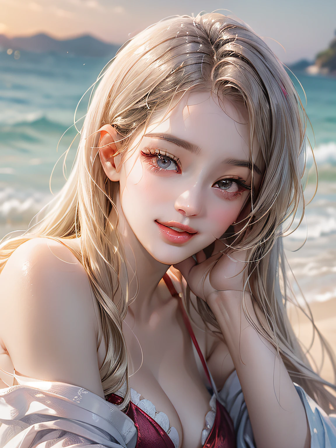 (absurderes、hight resolution、ultra-detailliert)、Beautuful Women、close up of face、Facial emphasis、sface focus、Diagonal view、22、18、（short golden-white hair）、shiny and beautiful hair、Beautiful skins、luscious skin、beautidful eyes、with bangs、Away from the shoulders、highlight in eyes、Unbroken hands、Rich lighting、beauty breast、pale pink lip、soft lips、Slightly open mouth、High-definition CG uniform 8K wallpaper、 Attention to detail、portraitures、line of sight、独奏、Half Shot、A detailed face、little smiling、Dynamic poses、(Themes of modern Japan:1.1)、）（red bikini） blue open sky、beach、Dating scene、　（sand beach）