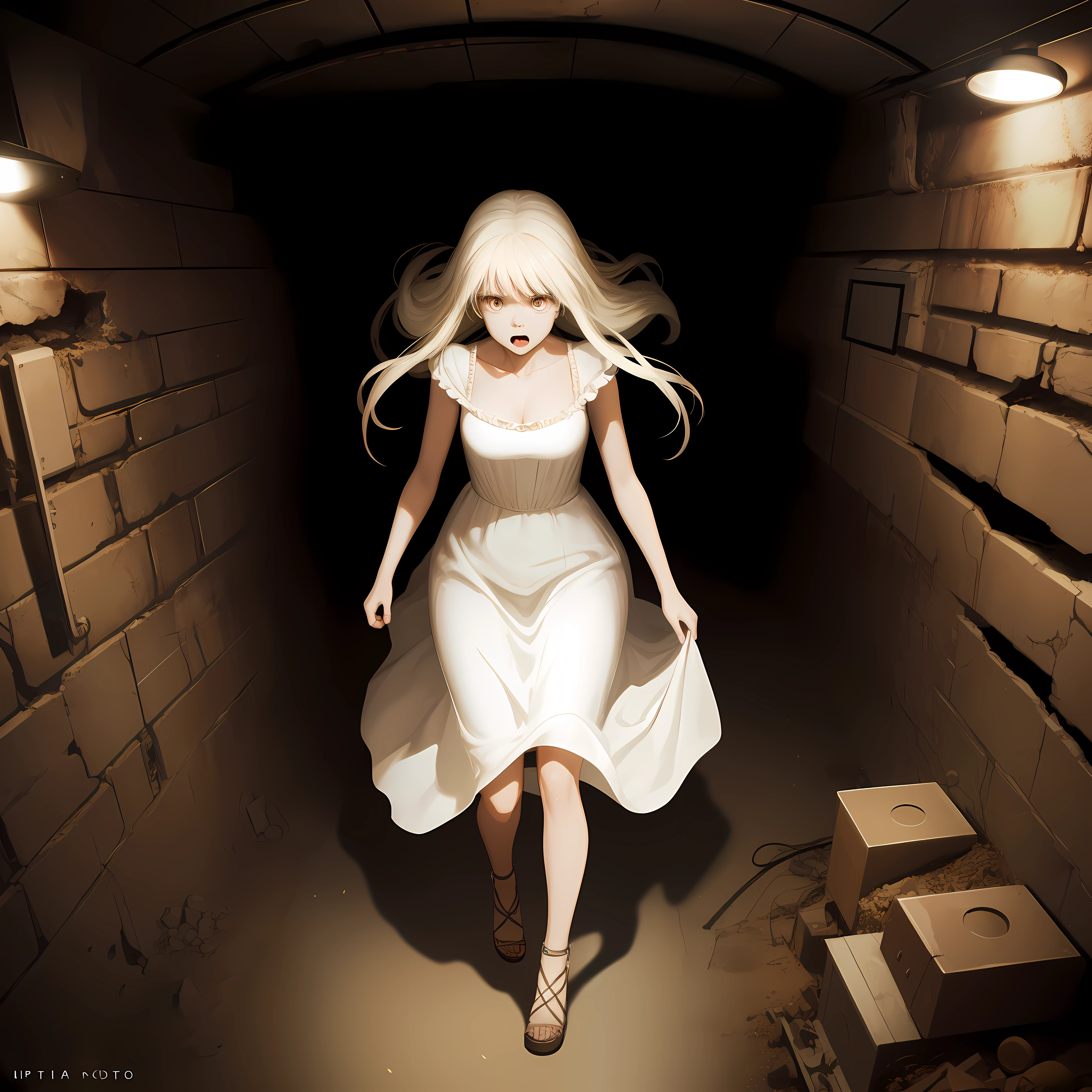 horror art, dread, best quality, masterpiece, ultra high res, (photorealistic: 1.4), terrifying ghost action shot chasing the viewer, dynamic race, in a decrepit underground tunnel in hell, scary, white dress, unnerving, unsettling, terrifying, 80mm, horror lighting, dynamic action