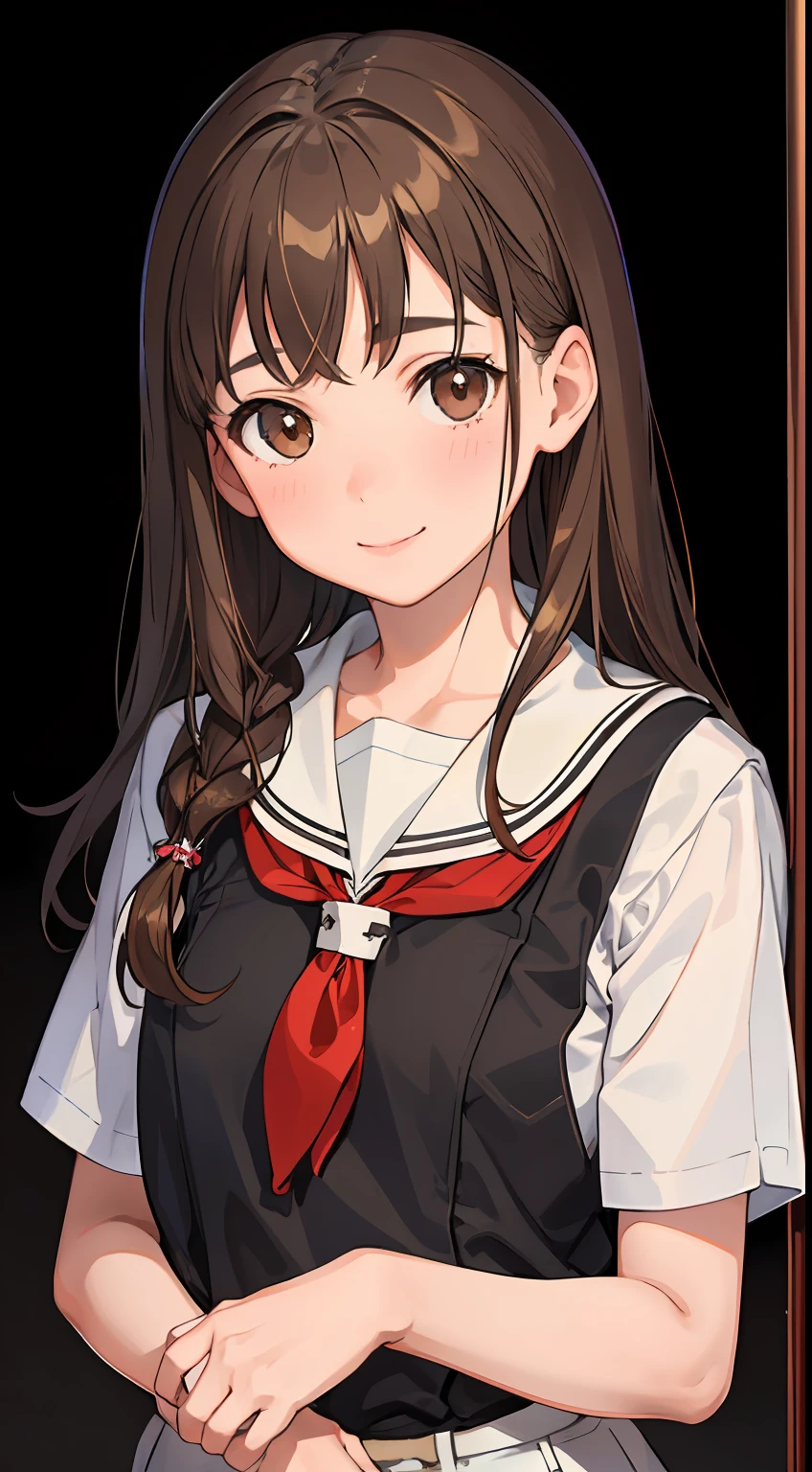 1girl in,Brown hair, Brown eyes, Girl,12 yeaait,Gray background,tareme,lightsmile