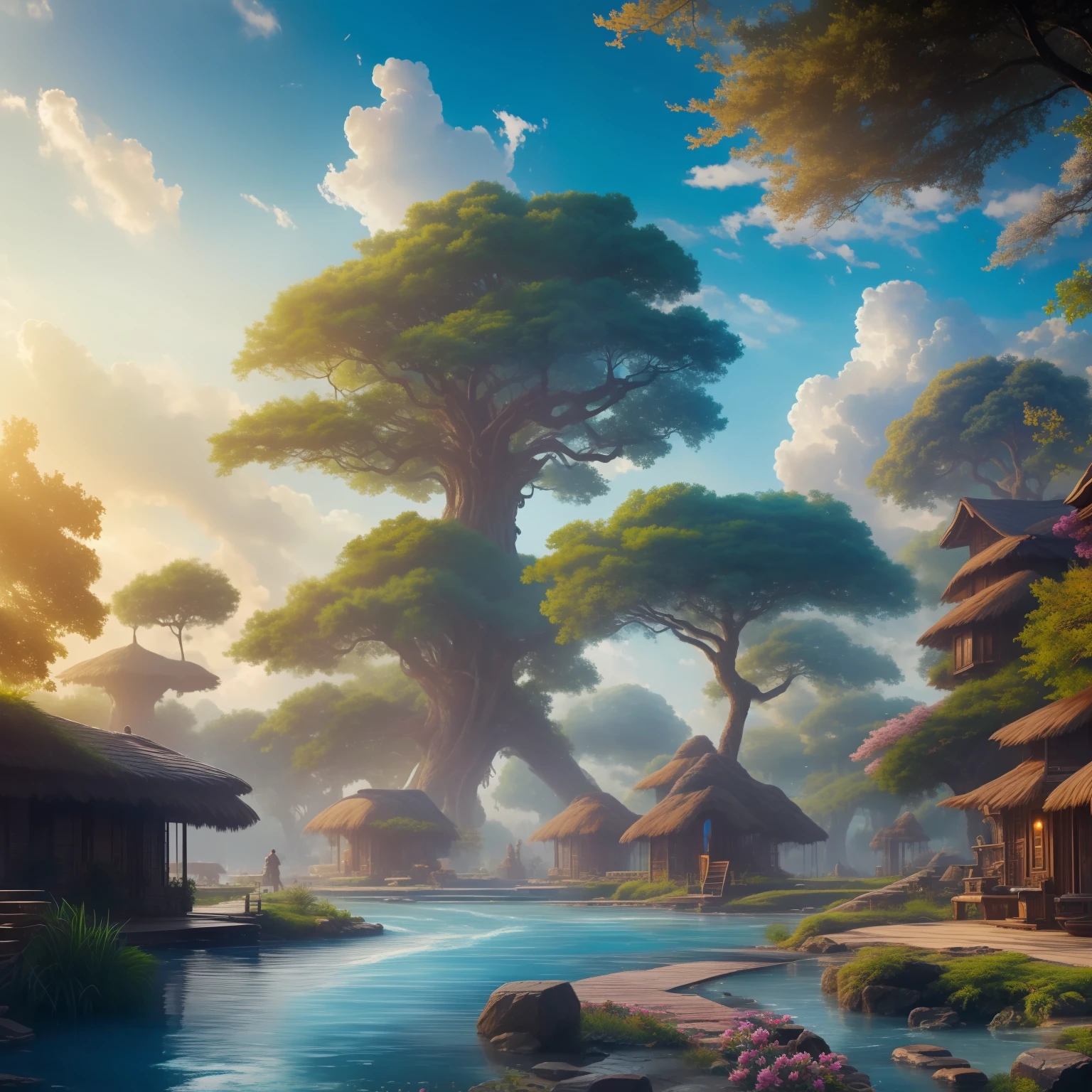 masterpiece, best quality, high quality, extremely detailed CG unity 8k wallpaper, a hyperrealistic colossal cyan raintree, in a futuristic prehistoric village, splashing water, sandy debris, lens flares, sunshaft, fluffy clouds, Hyperdetailed, HDR, bloom, Photorealistic, hyperdetailed