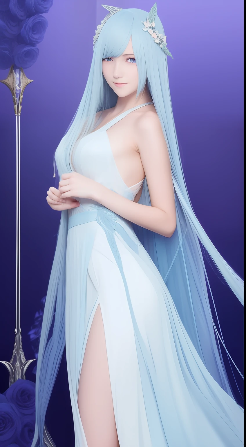 brynhildr lancer fgo,16-year old,pure,happy,laurel wreath,wedding dress,shyly pose,distant gaze, pretty round face,tall,very skinny,slender,light blue hair, cross-cut bangs strongly leans to the right,detailed hair