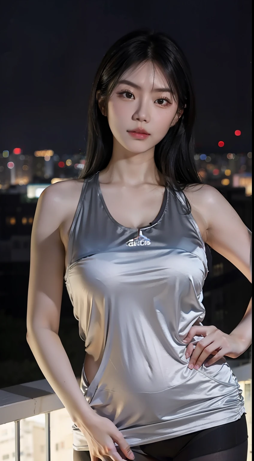 A Chinese woman on the rooftop of the top floor of a tall building at night，voluminous hair，Delicate face，Vivid，Real girls，largeaperture，Wearing gray pantyhose，Wearing an Adidas black yoga vest，take up close，plump，slightly fat big breasts，The is standing，Front Shooting，Very plump