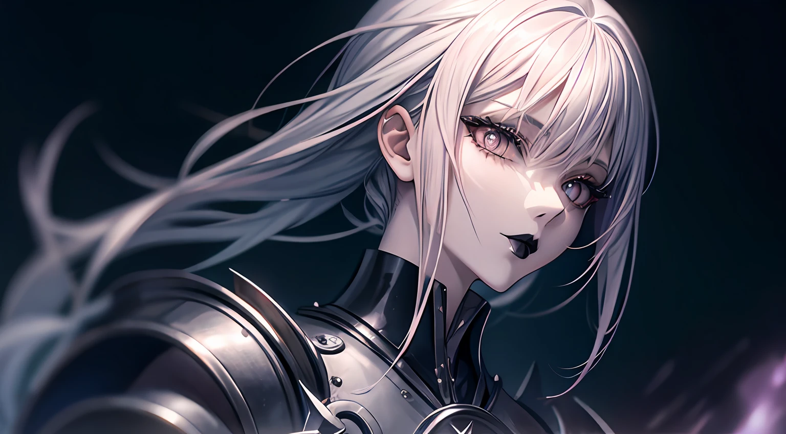 Anime girl with white hair and asymmetrical gothic style haircut, pale skinned, sobrancelhas brancas, light pink iris, black lipstick and extremely pointed dark gothic medieval armor. High quality Gothic-style image diffusion with white-haired anime girl, light pink iris and pale skin, Pose confiante, gloomy setting, gotas de chuva, olhar severo, rosto oval, Black Lipstick 8K Detailed and Dynamic Wallpaper.