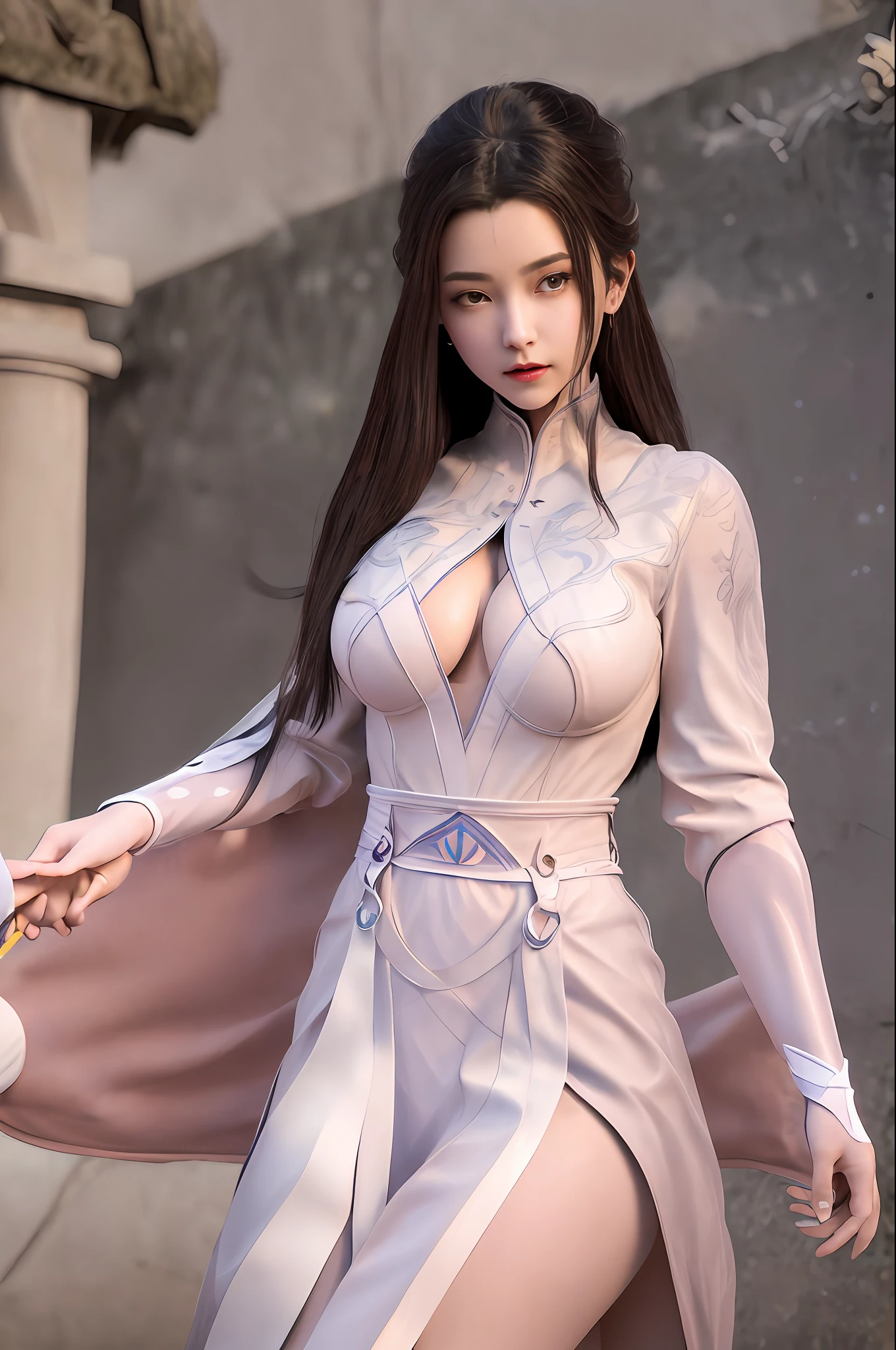 ((Best quality)), ((masterpiece)), official art, ultra detail, highres, ((beautiful detailed girl)), ((extremely detailed eyes and face)), (beautiful face: 1.2), 1girl, perfect body, thighhighs, 8K wallpaper, soft lightning, ultra detailed eye, detailed face, big boobs, big breasts, (big breasts), looking at the viewer, smile, dept of field, half body