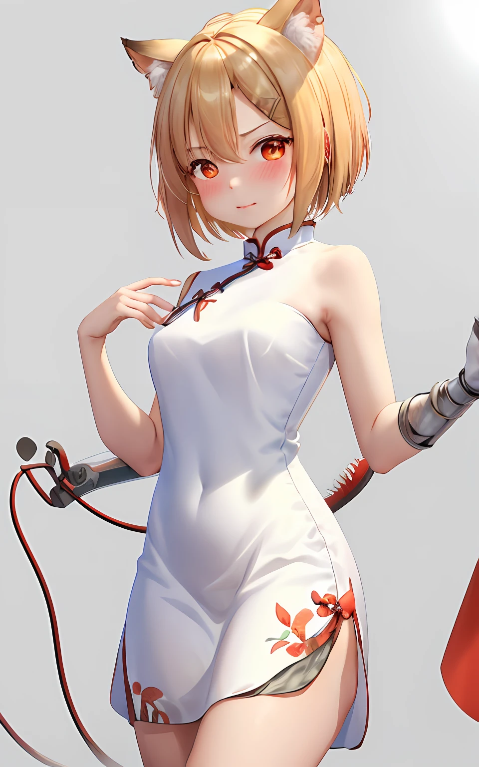 ​masterpiece、girl with、独奏、People watching viewers、red blush、cowboy  shot、straight-on、simple background、(qipao dress:1.5)