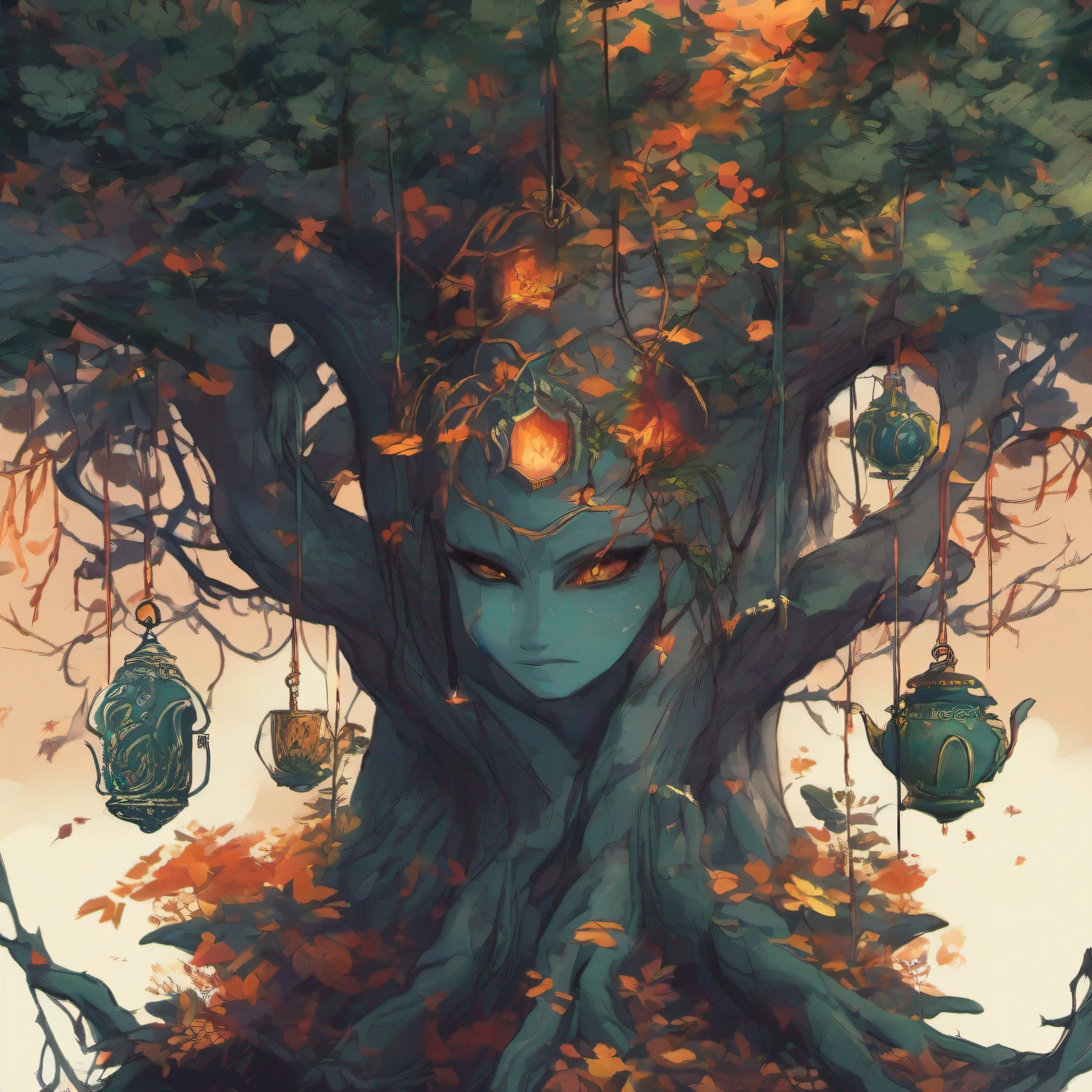 1 ancient ent muitos ramos ((((heads hanging from branches)))), ent do inferno, fantasia sombria,