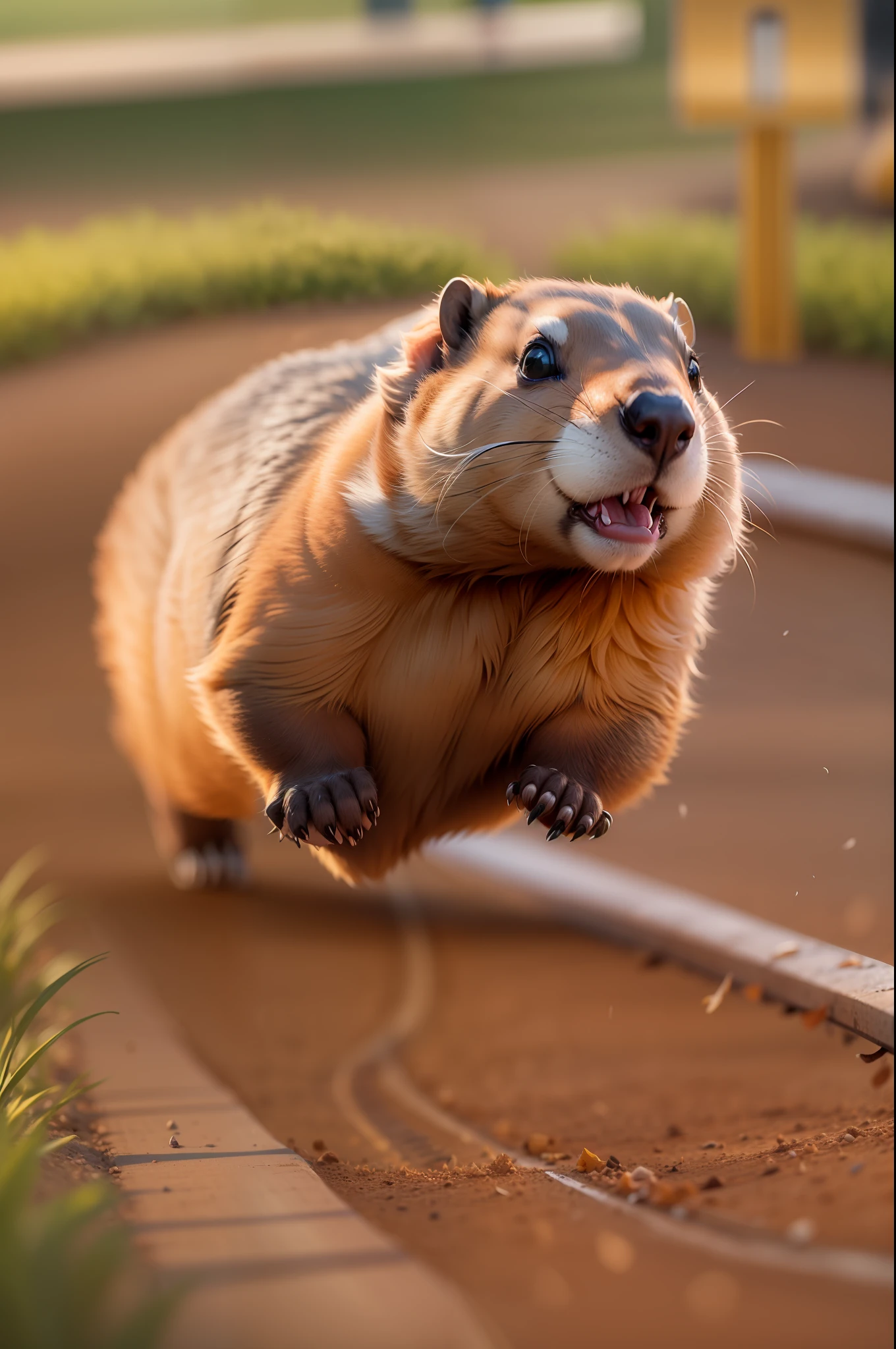 high qulity,8K,Groundhog running on the running track of the playground,The audience was full