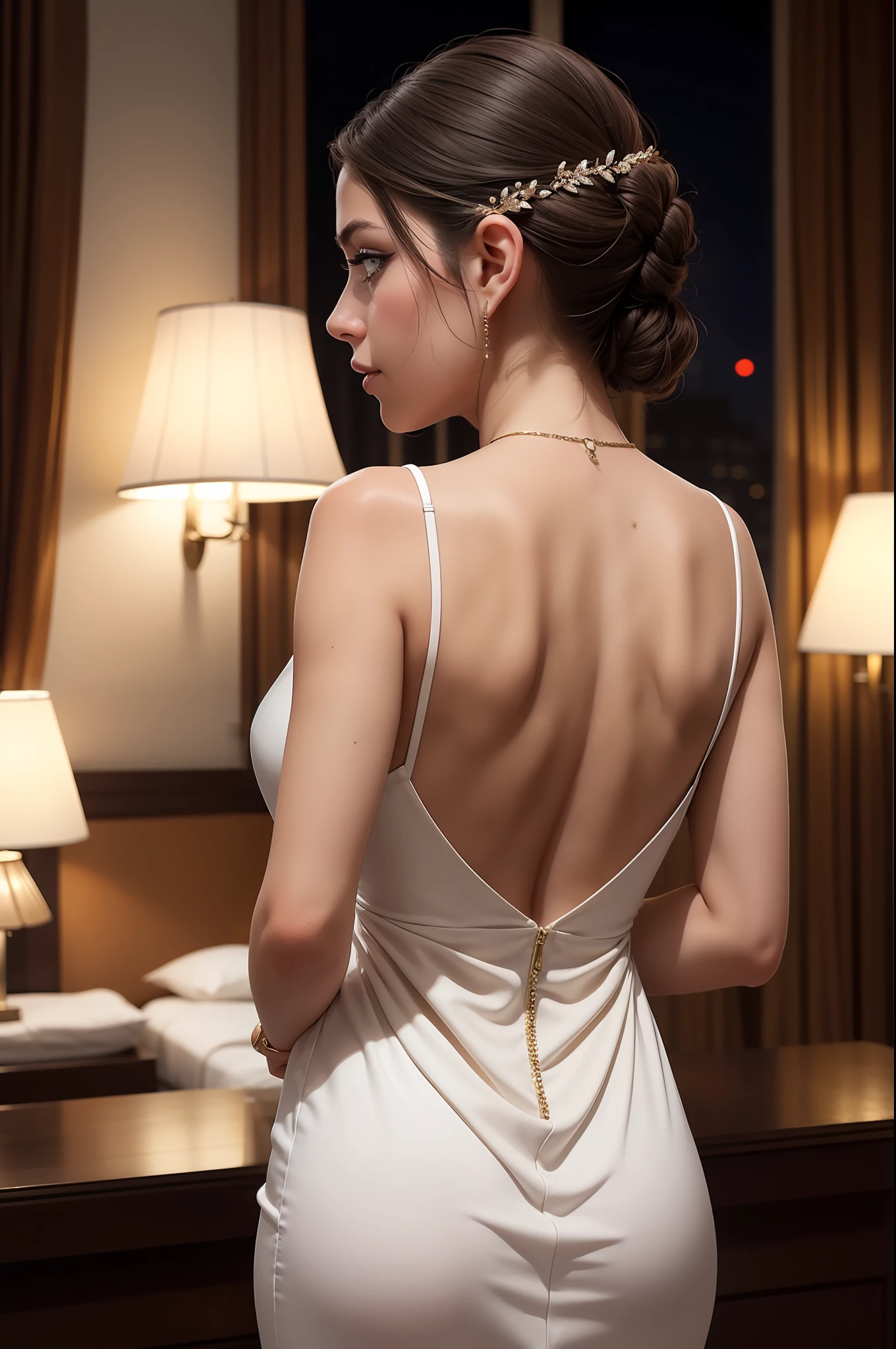 woman posing for a photo, (back_view, photo from behind:1.3),(wearing luxury_dress:1.3), good hand,4k, high-res, masterpiece, best quality, head:1.3,((Hasselblad photography)), finely detailed skin, sharp focus, (cinematic lighting), collarbone, night, soft lighting, dynamic angle, [:(detailed face:1.2):0.2],(((5 stars hotel))), outside, looking_at_viewer,