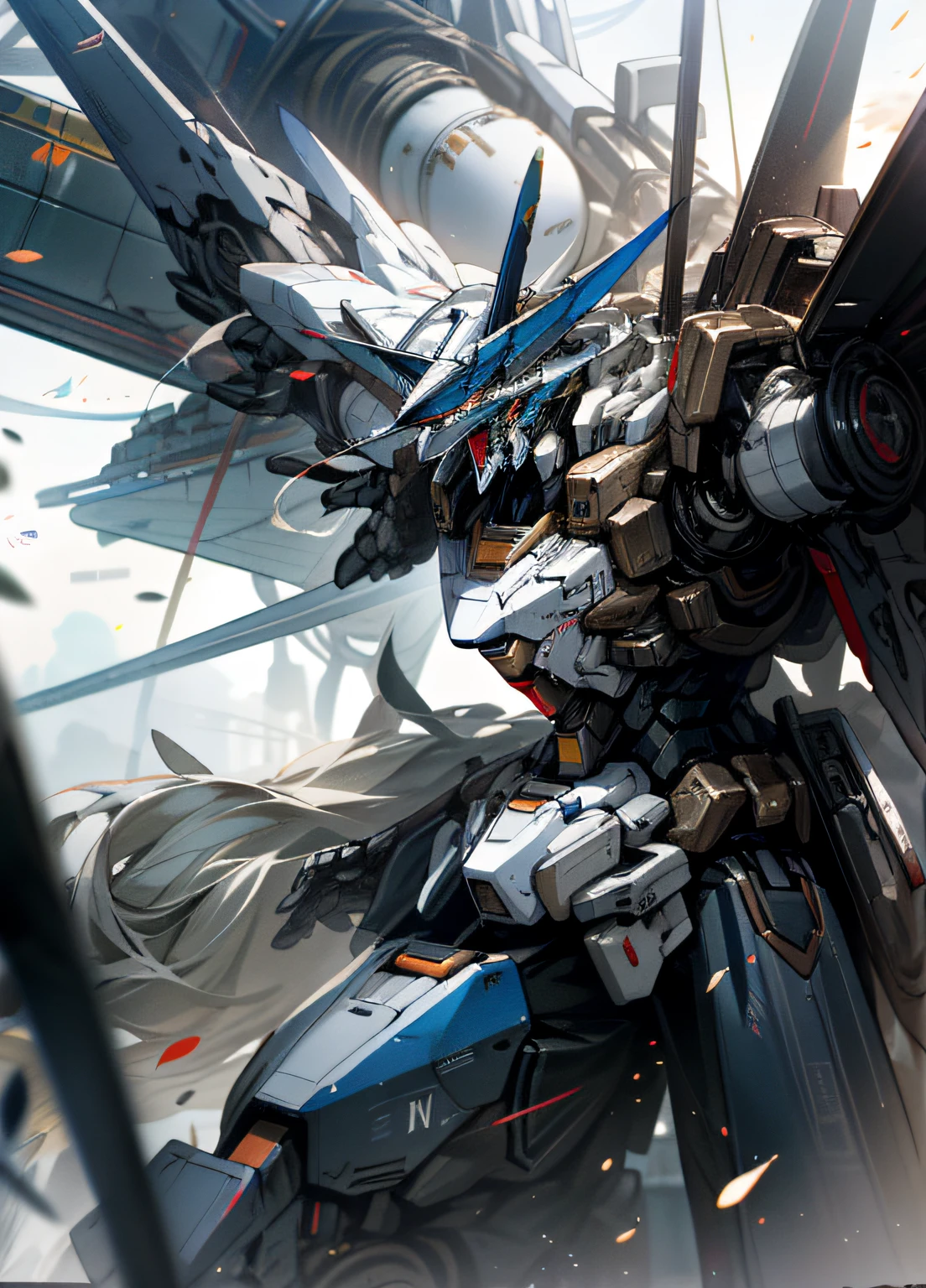 ultra-realistic realism, Ray traching, realisticlying, hyper HD, high detal, 32k, best qualtiy, textureskin, Gundam Mech, flight, funnel, Mecha ship, tmasterpiece, best qualtiy, mechs, Unmanned, (full bodyesbian), (Black color mecha: 1.8), (轴对称: 1.4), (HDR), (cinematric light: 1.1), White eyes, cruel, scientific fiction, firey, kosmos, Oversized shield, Mecha man overlooking the background of the earth, Laser cannon beam, karo, conflict,Weapons in hand(With huge weapons:1.5),Fine face,