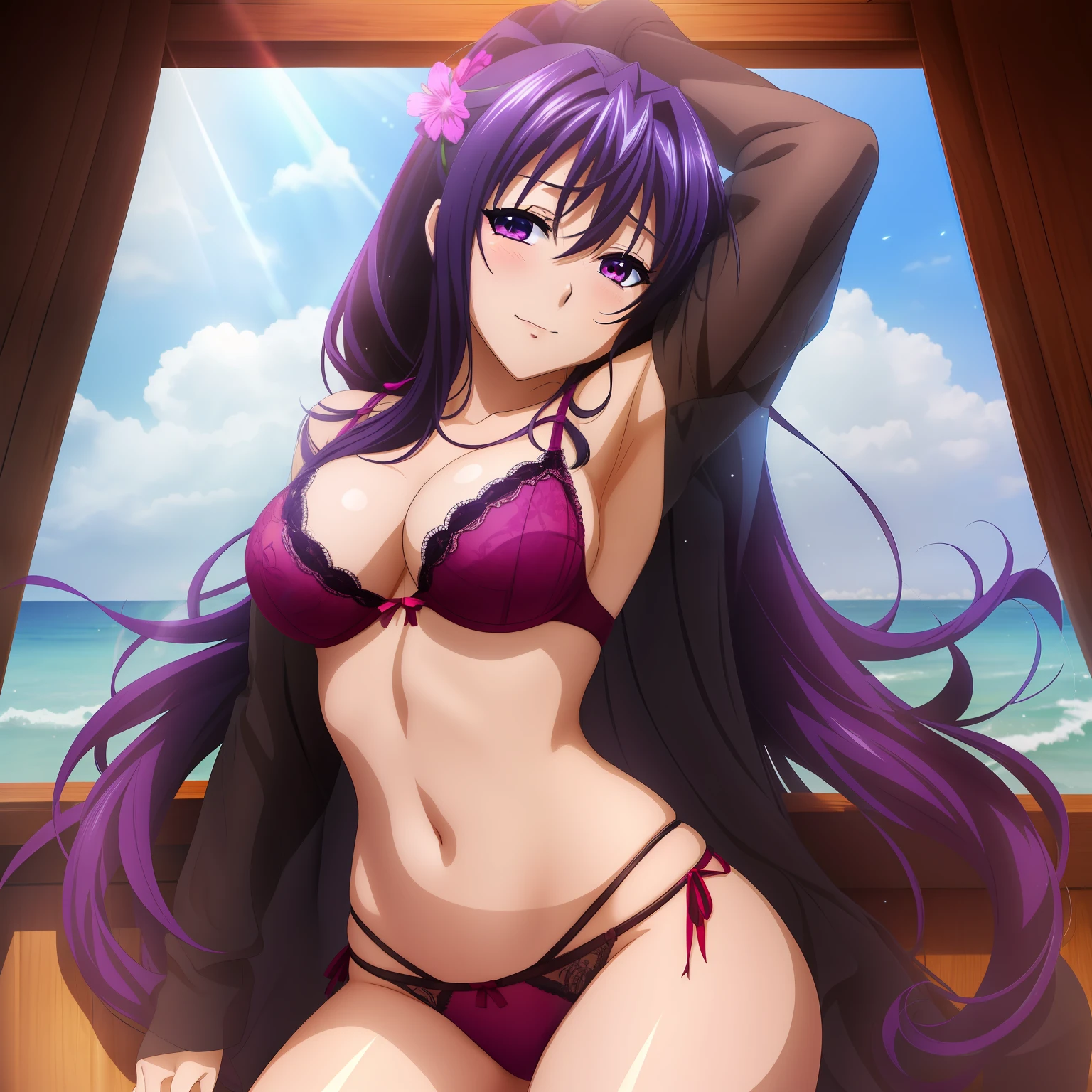 obra-prima, qualidade superior, praia, akeno, akeno highschool dxd, ultra high def, Max Resolution, muito detalhado, pele limpa, anime, Turn the panties over with your hands, corpo inteiro, esguio, muito bonito, rosto jovem, cabelo semi-longo, , Plaits Hair, deitado, pernas bem abertas, Pernas levantadas, orelhas de coelho, coelhinha, corpo molhado, seios salientes, sob os seios, Constrangedor, corar, Boast-se, decote, crotch shows through, areola see-through, lingerie vermelha,