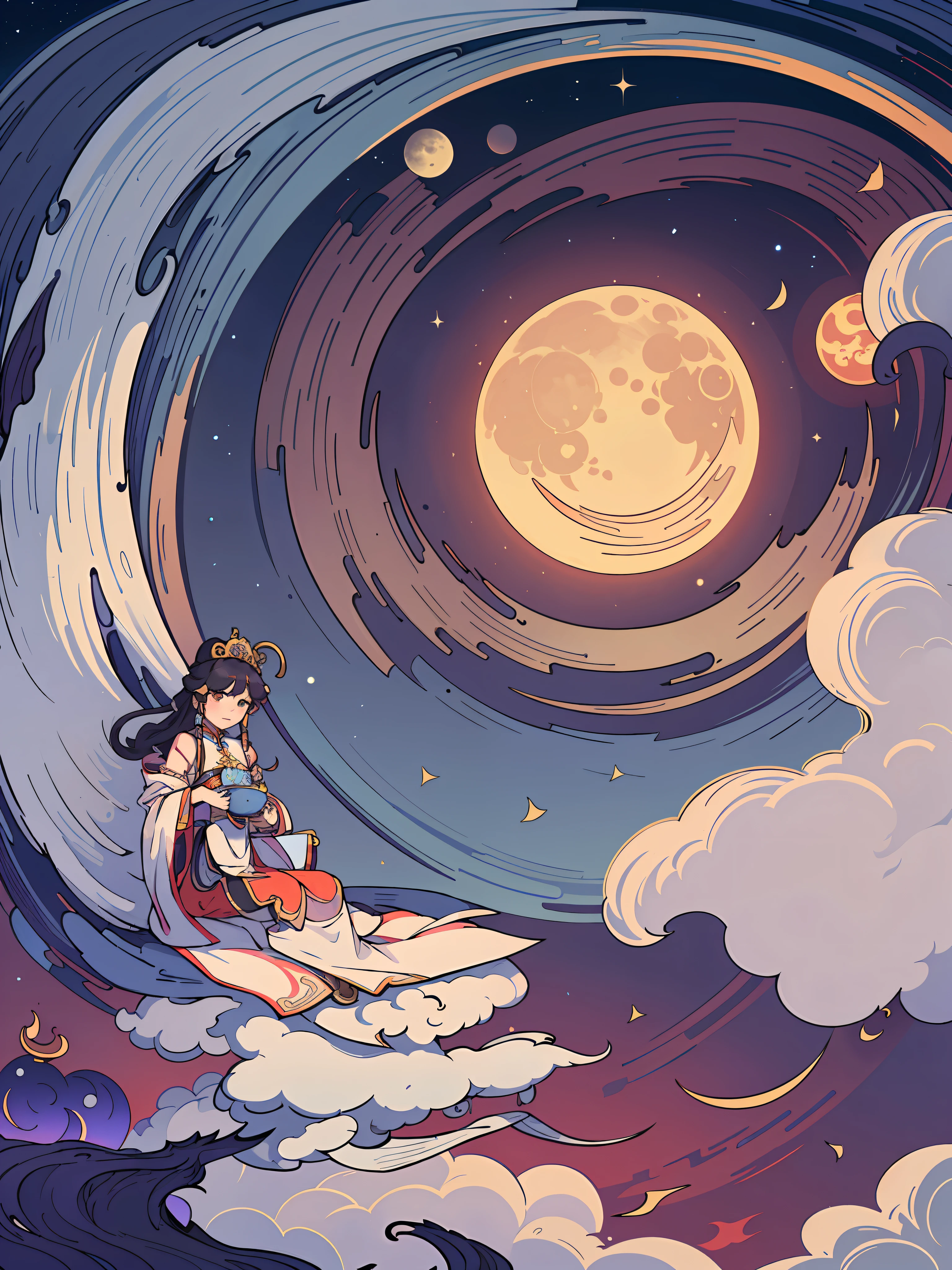 Close-up of a woman in a long dress sitting on a cloud, The goddess of the hunt and the moon, Chinese mythology, Chinese fantasy, an ancient Chinese goddess, Goddess of the moon, lunar goddess, lunar goddess, author:Kim Du Liang, Princesa chinesa antiga, Moonlight, Middle Metaverse, korean mythology