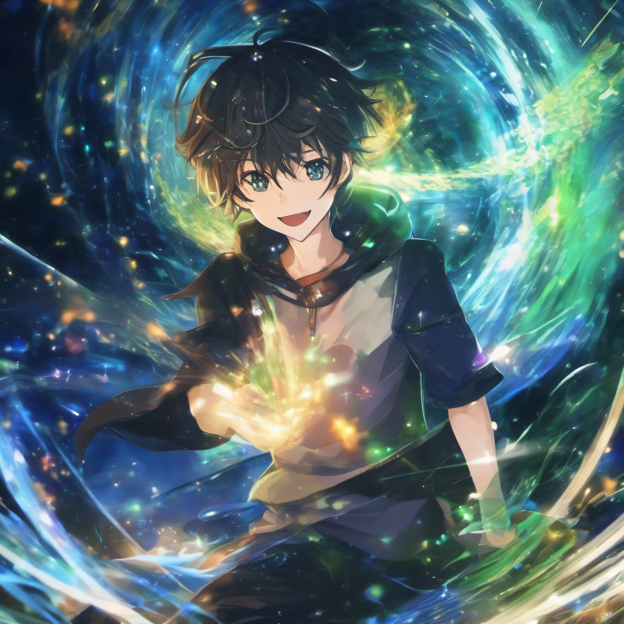 (((Rudeus))),((Obra-prima do anime))), --1 boy --laughing --Concentrating --Blue green magic --vortex --Particles --(sentado), --ambiente de fantasia,