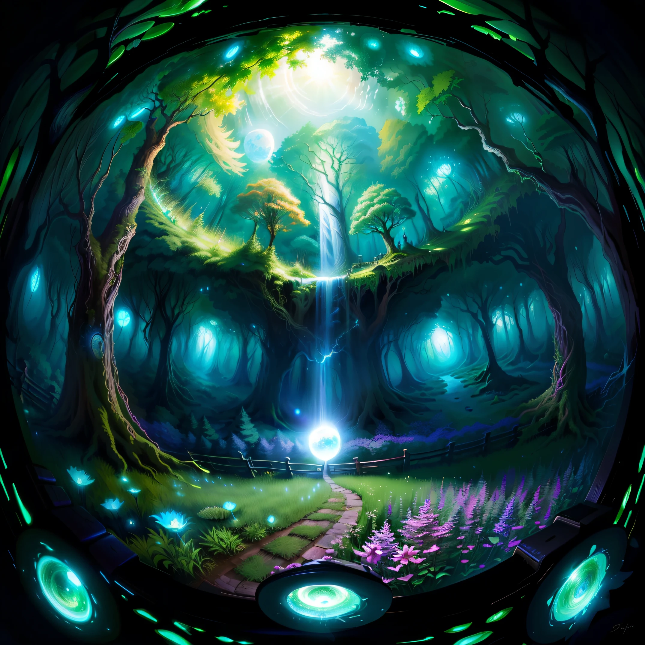 digital painting, smooth, high quality, highly detailed sketch, magic, flower bridge, (glowing orb:1.1) in the middle, (green forest:1.2), waterfall, (spirit tree:1.1), (fisheye:1.3),